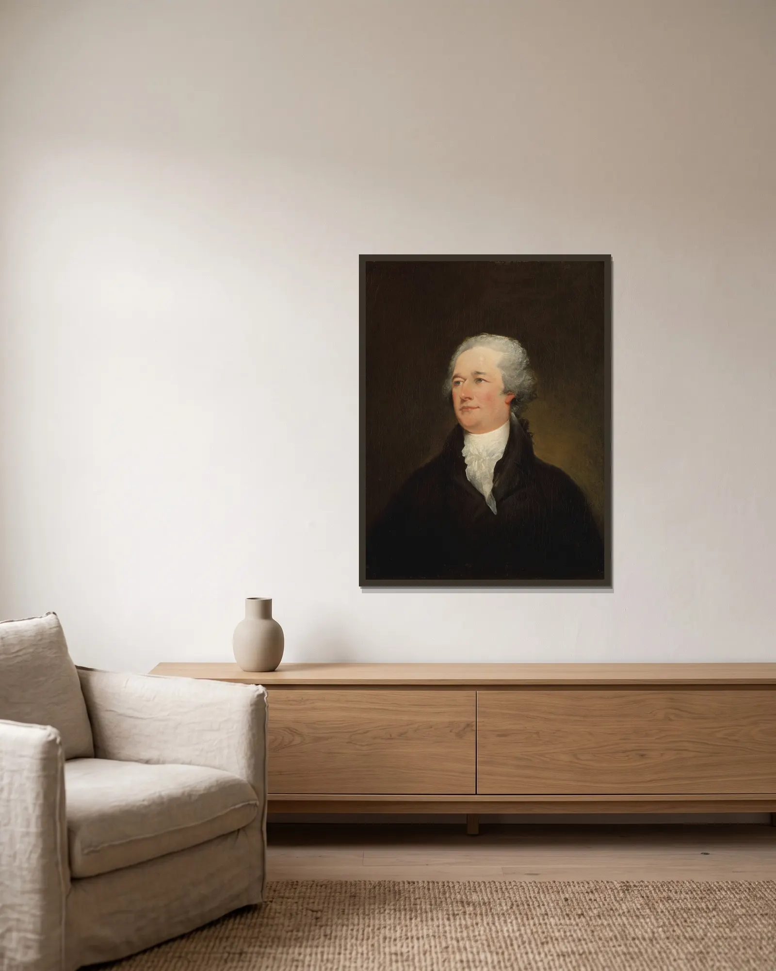Alexander Hamilton (1804–6) av John Trumbull inramad på en vägg