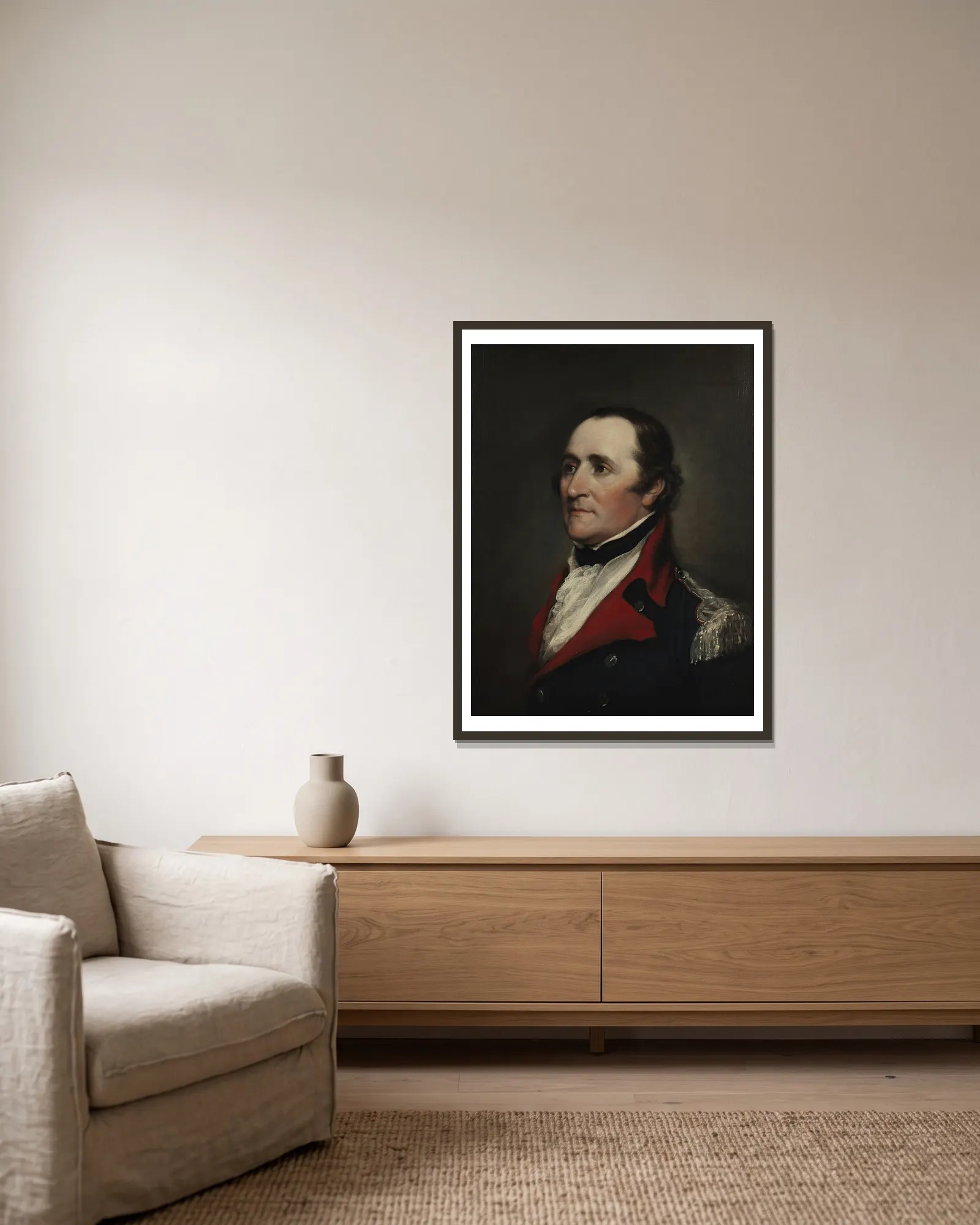 Brigadier General Ebenezer Huntington av John Trumbull inramad på en vägg