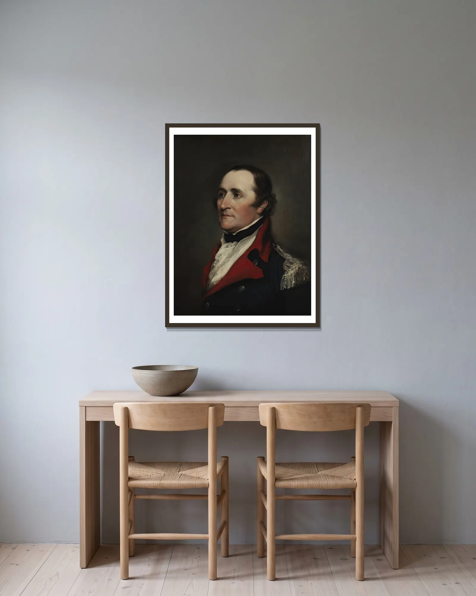 Brigadier General Ebenezer Huntington av John Trumbull inramad på en vägg