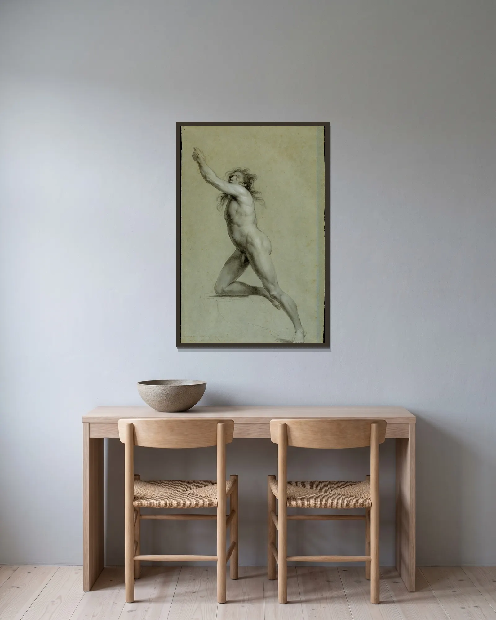 Study from Life; Nude Male av John Trumbull inramad på en vägg