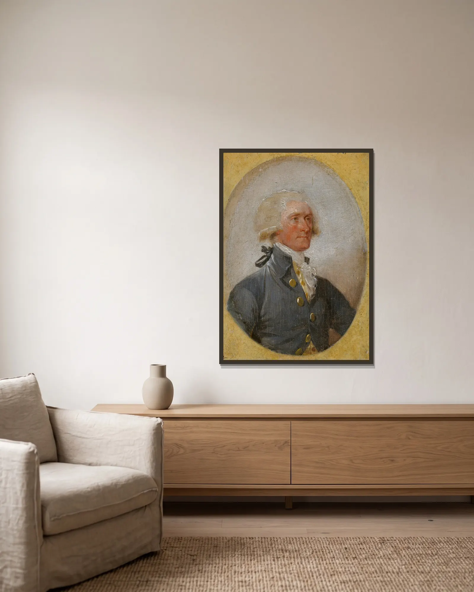 Thomas Jefferson av John Trumbull inramad på en vägg