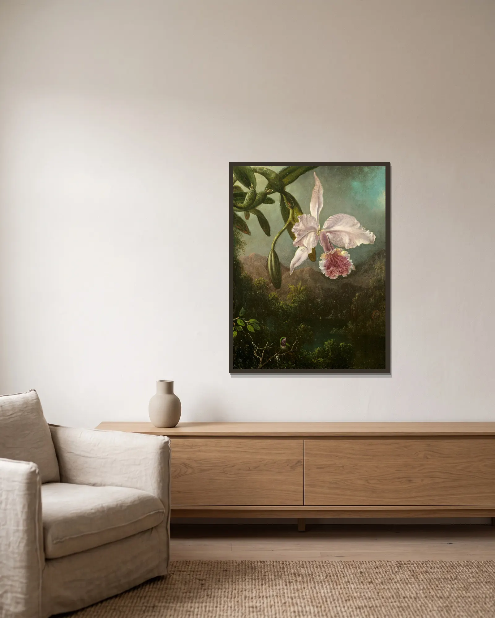 Orchid Blossoms av Martin Johnson Heade inramad på en vägg