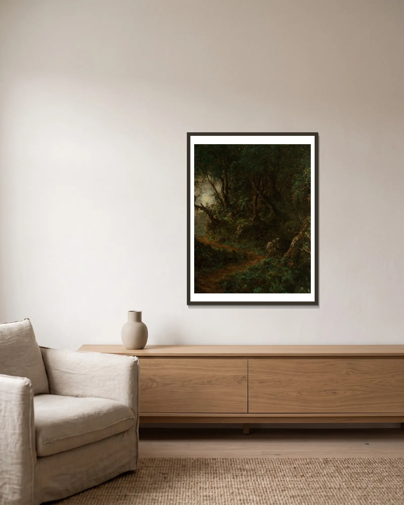 Tropical Greenery (Tropical Landscape) av Martin Johnson Heade inramad på en vägg