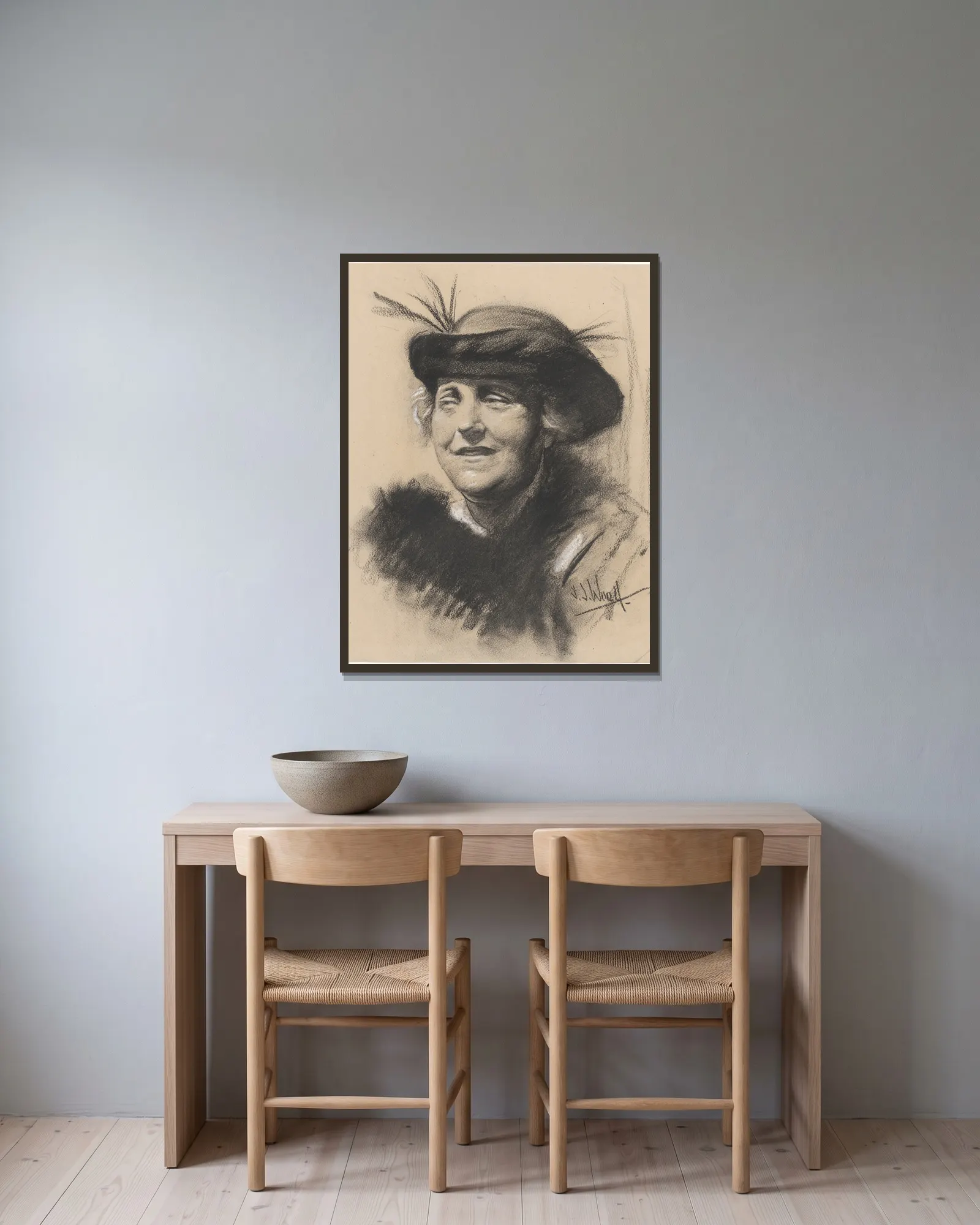 Elsa Loewenthal Einstein av Samuel Johnson Woolf inramad på en vägg