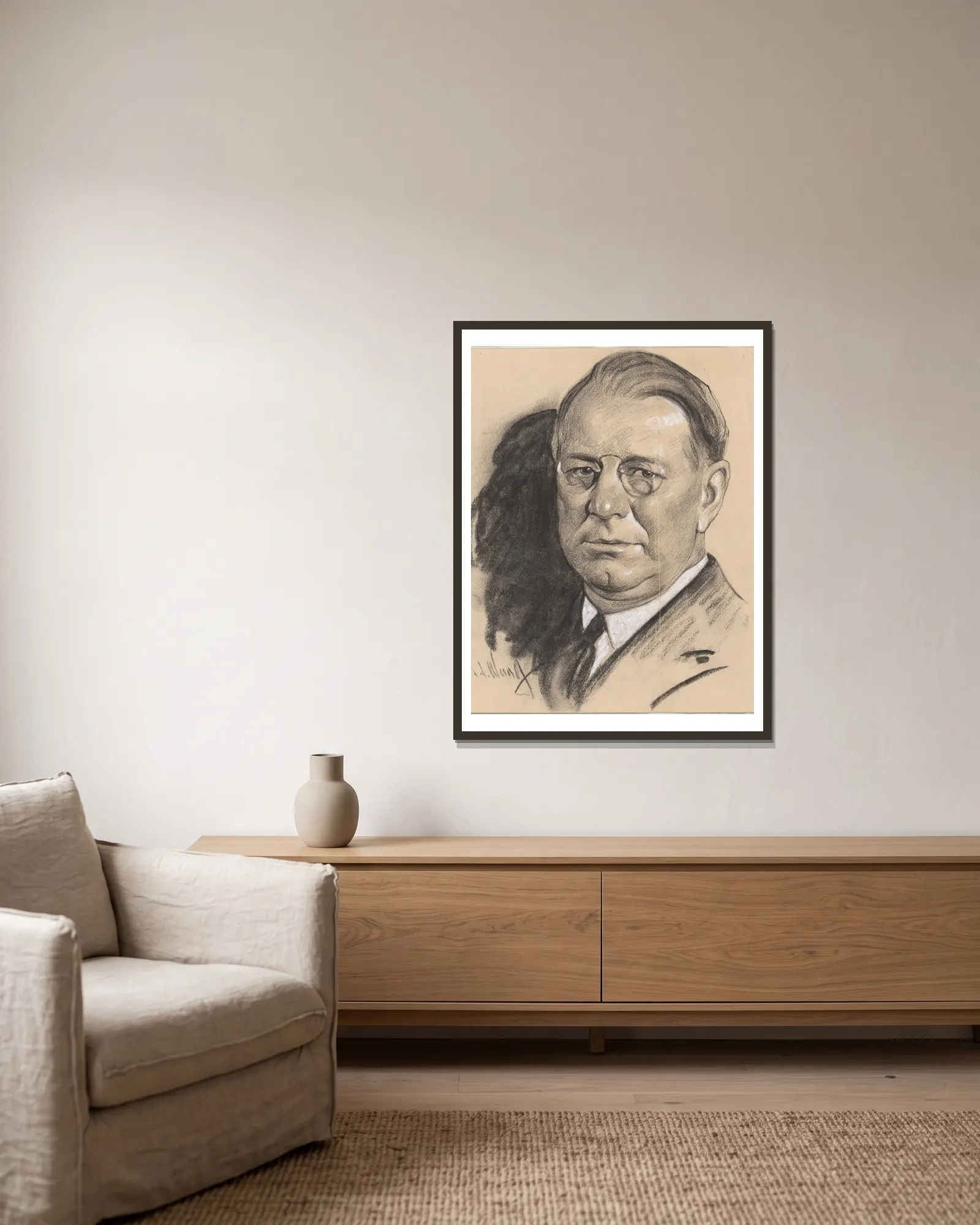 Frank Knox av Samuel Johnson Woolf inramad på en vägg