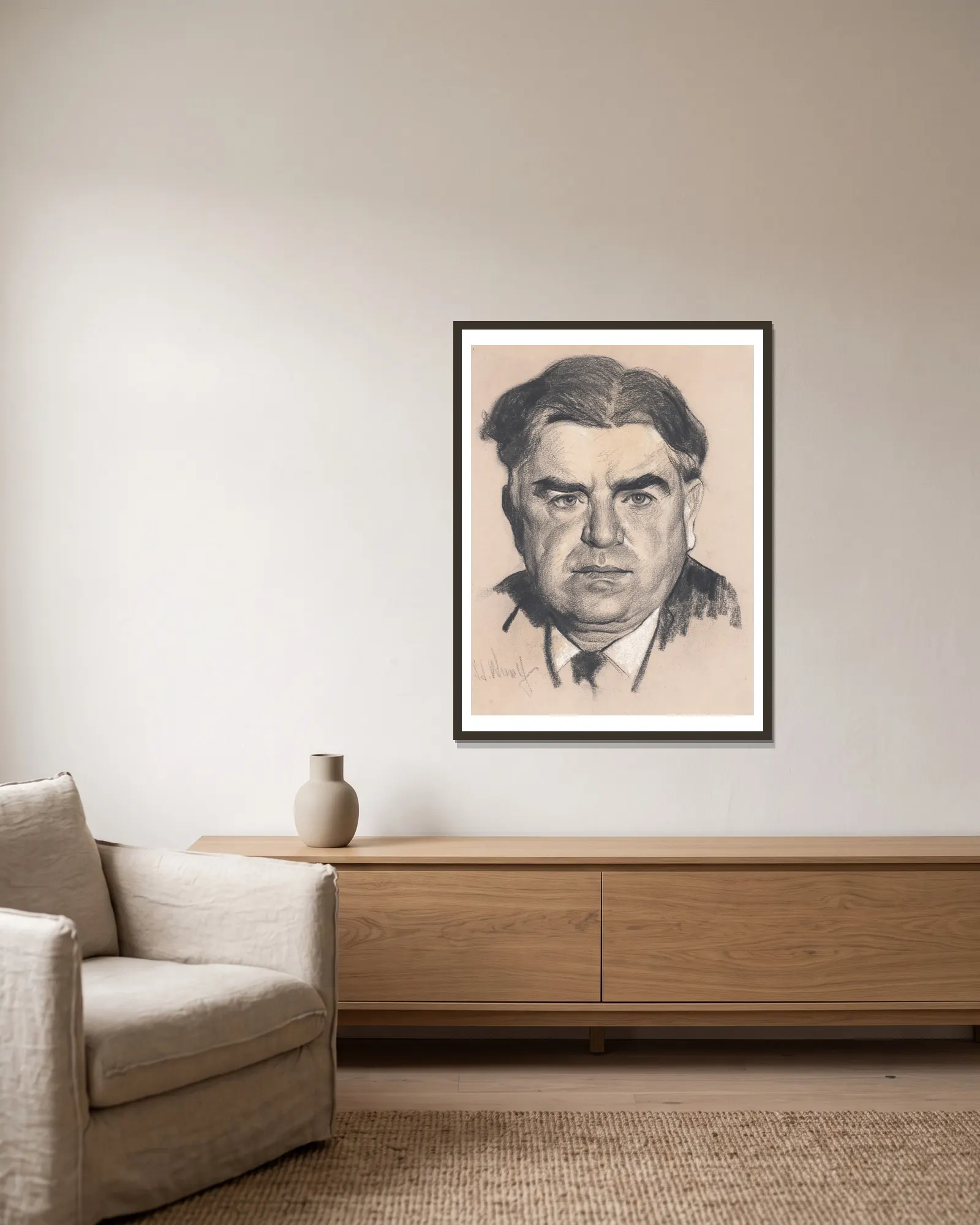 John Llewellyn Lewis av Samuel Johnson Woolf inramad på en vägg