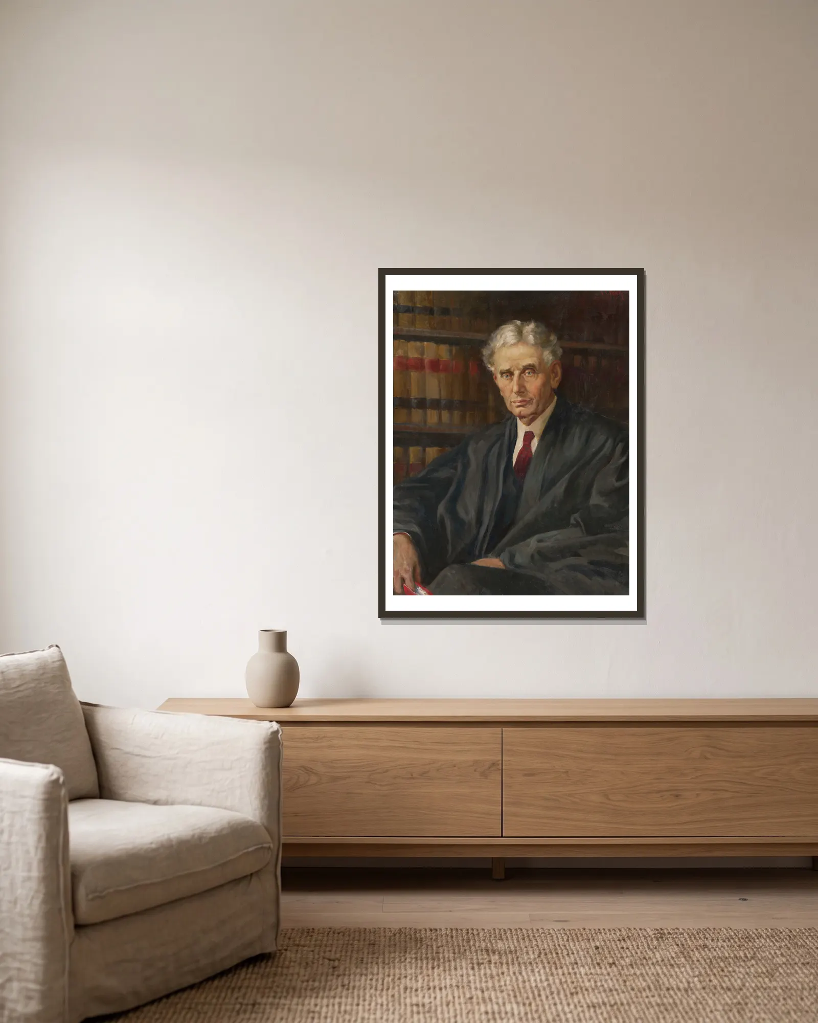 Louis Dembitz Brandeis av Samuel Johnson Woolf inramad på en vägg