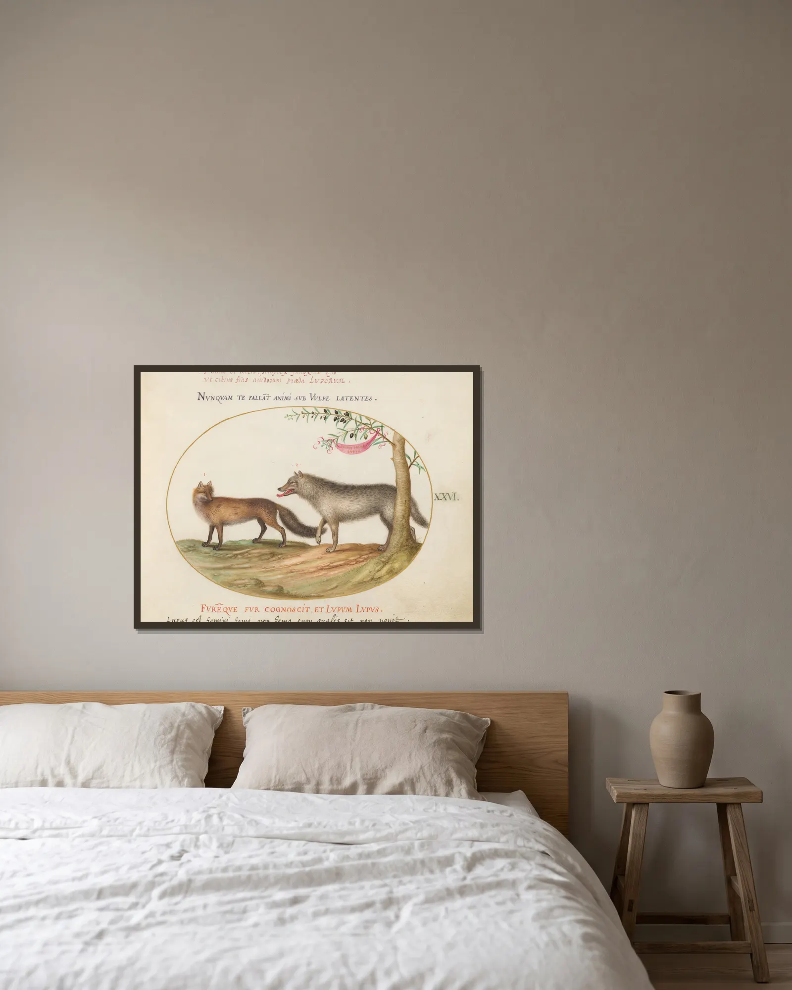 A Red Fox and a Wolf av Joris Hoefnagel inramad på en vägg