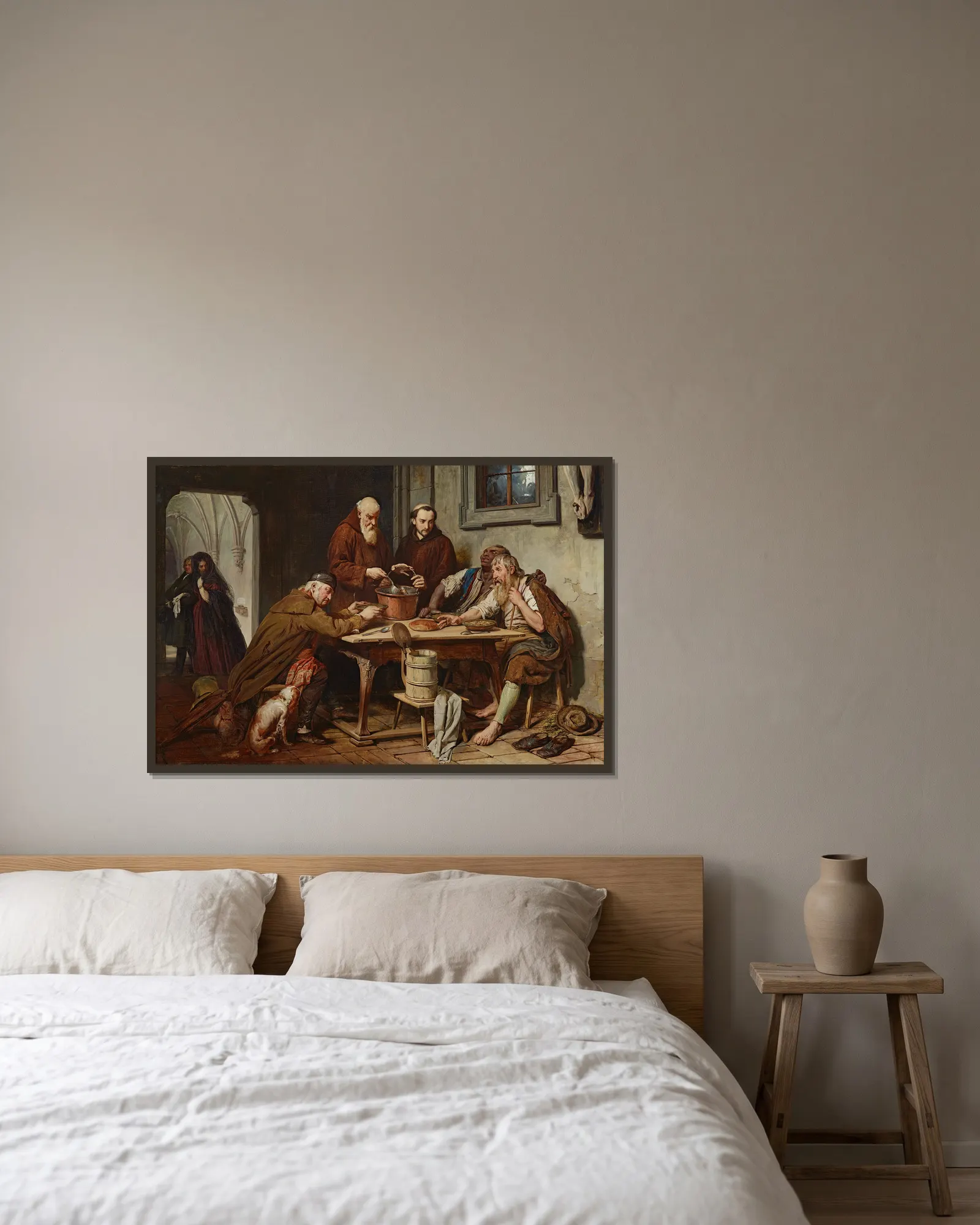 Die Klostersuppe av Josef Danhauser inramad på en vägg