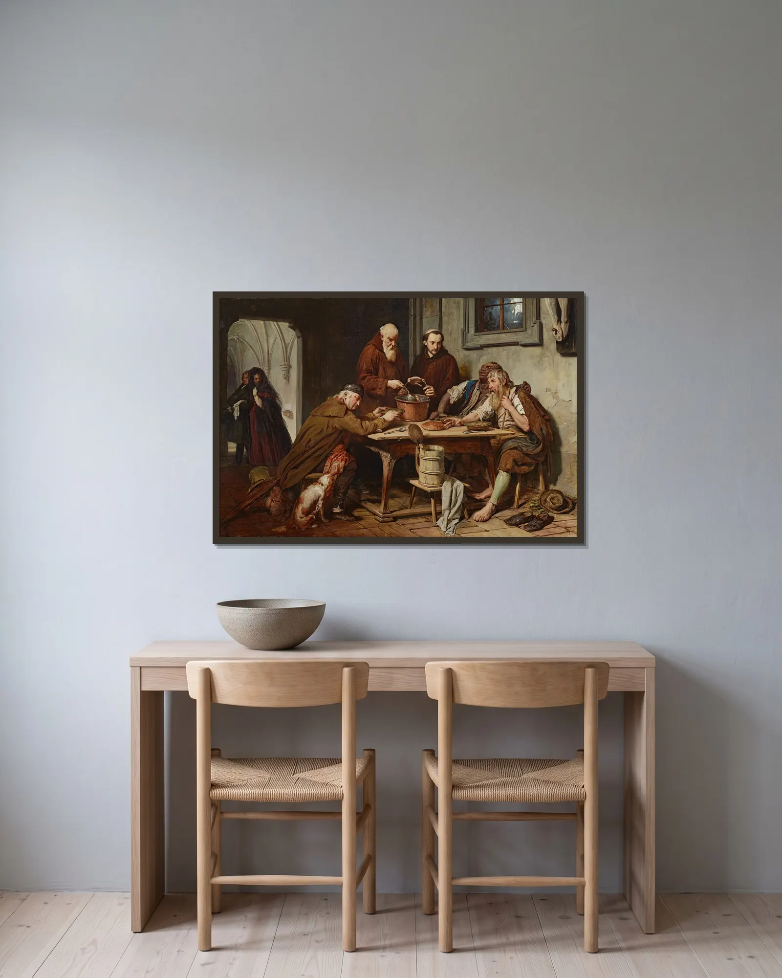 Die Klostersuppe av Josef Danhauser inramad på en vägg