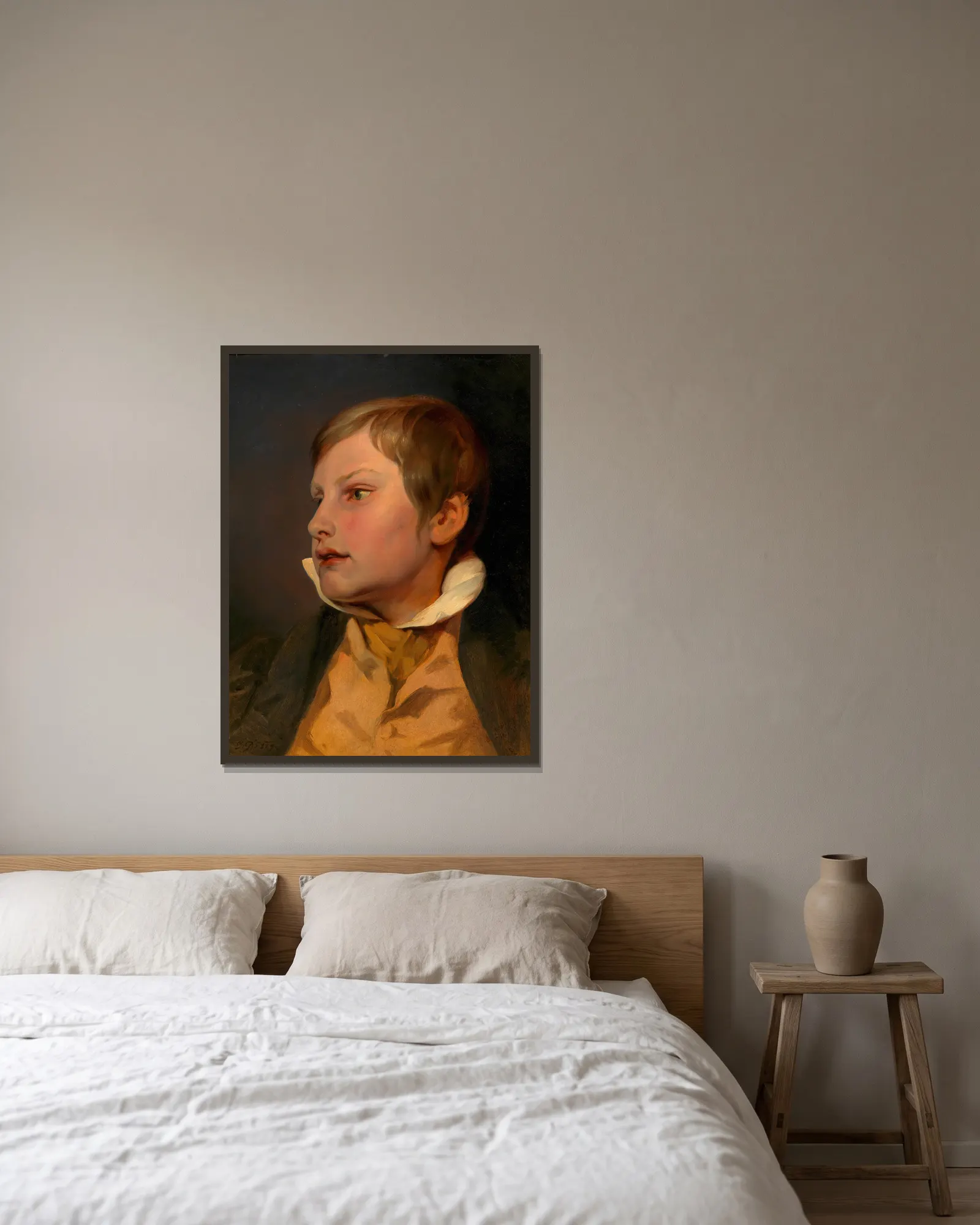 Porträt eines Knaben (Carl Danhauser) av Josef Danhauser inramad på en vägg