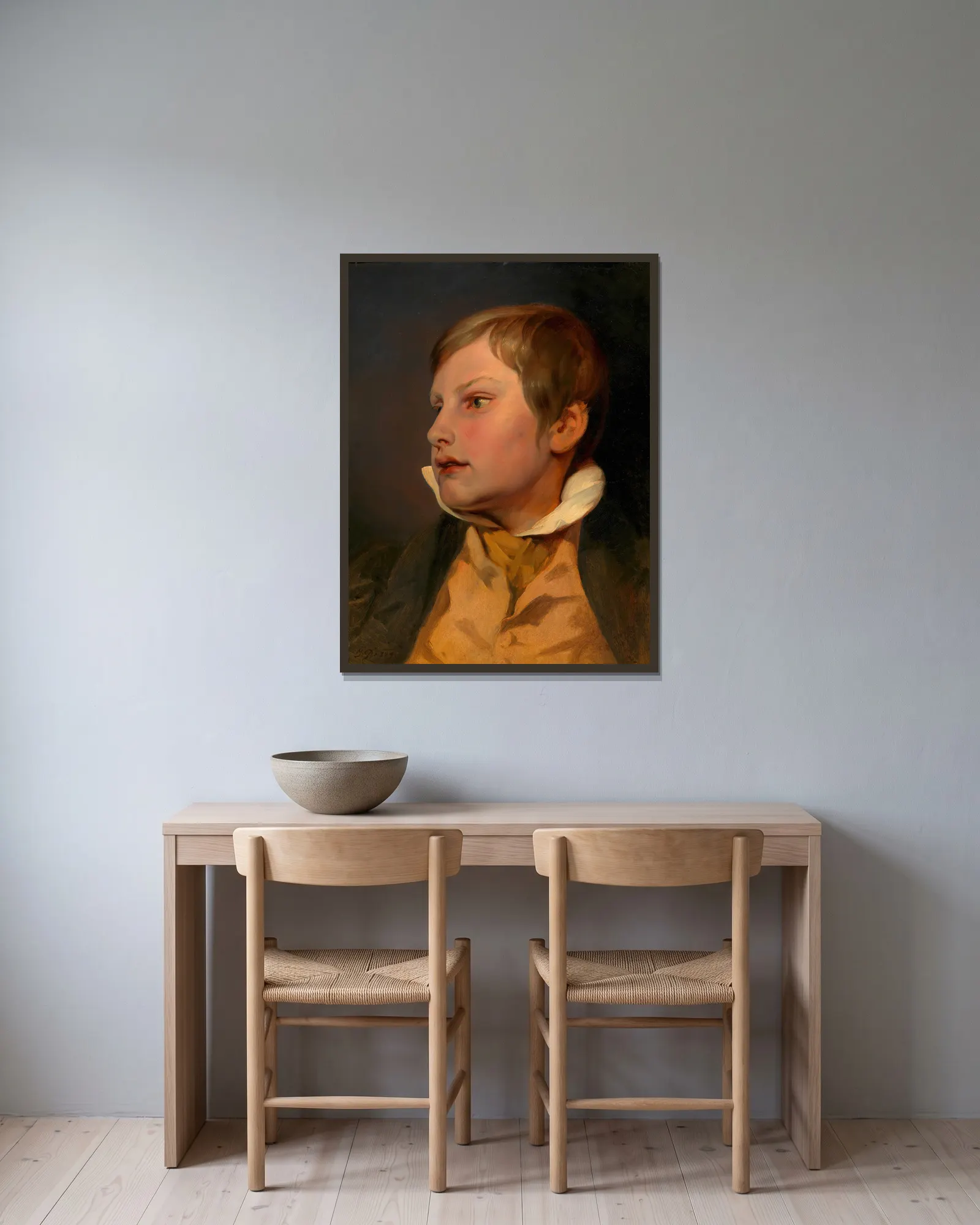 Porträt eines Knaben (Carl Danhauser) av Josef Danhauser inramad på en vägg