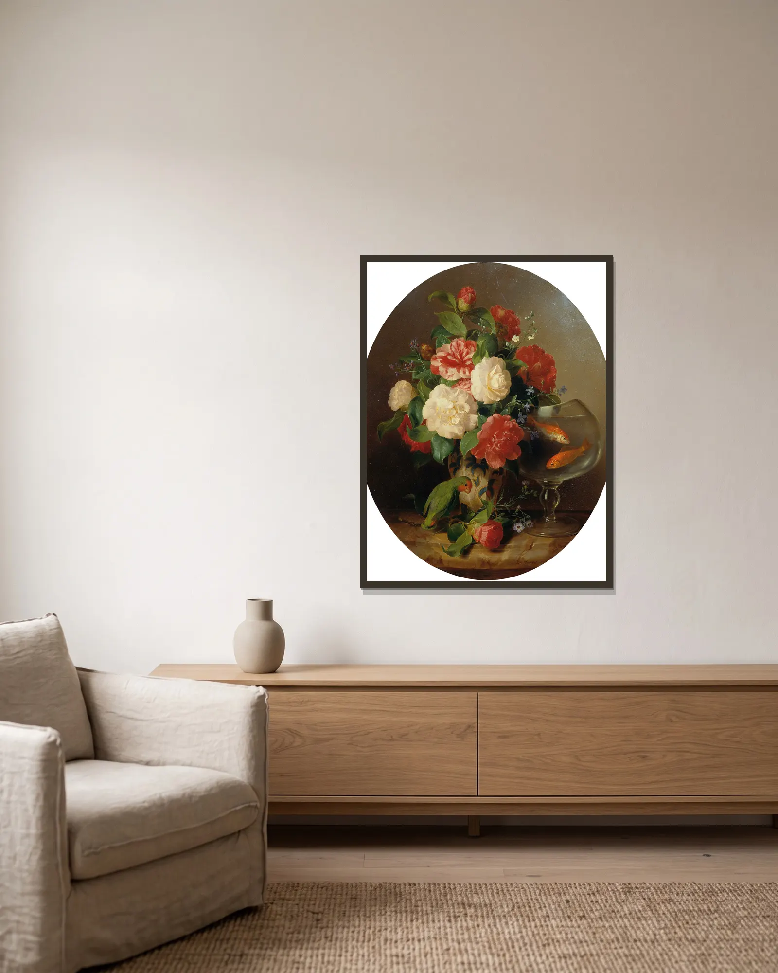 Blumenstück mit Goldfischglas av Josef Lauer inramad på en vägg