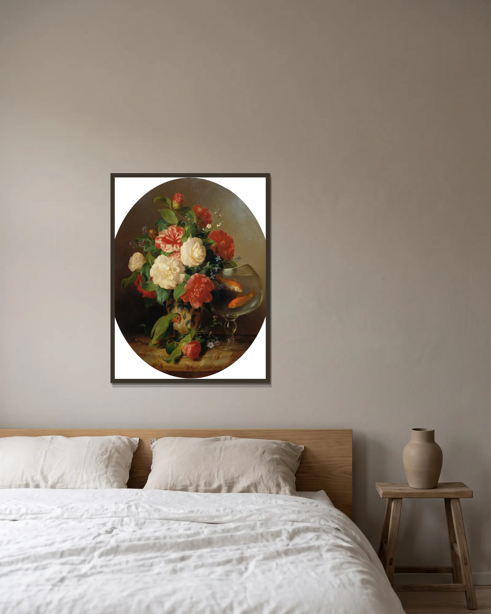 Blumenstück mit Goldfischglas av Josef Lauer inramad på en vägg