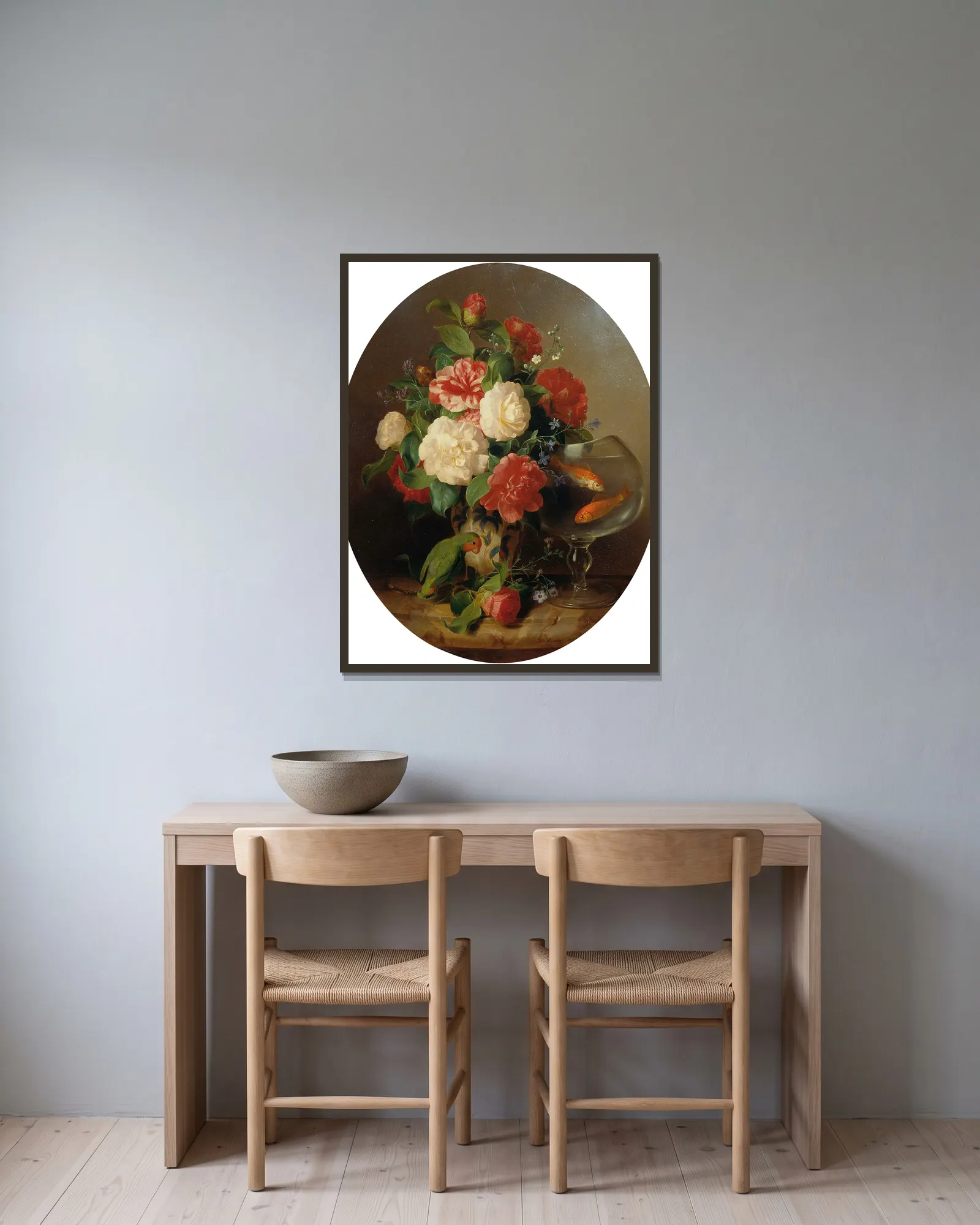 Blumenstück mit Goldfischglas av Josef Lauer inramad på en vägg