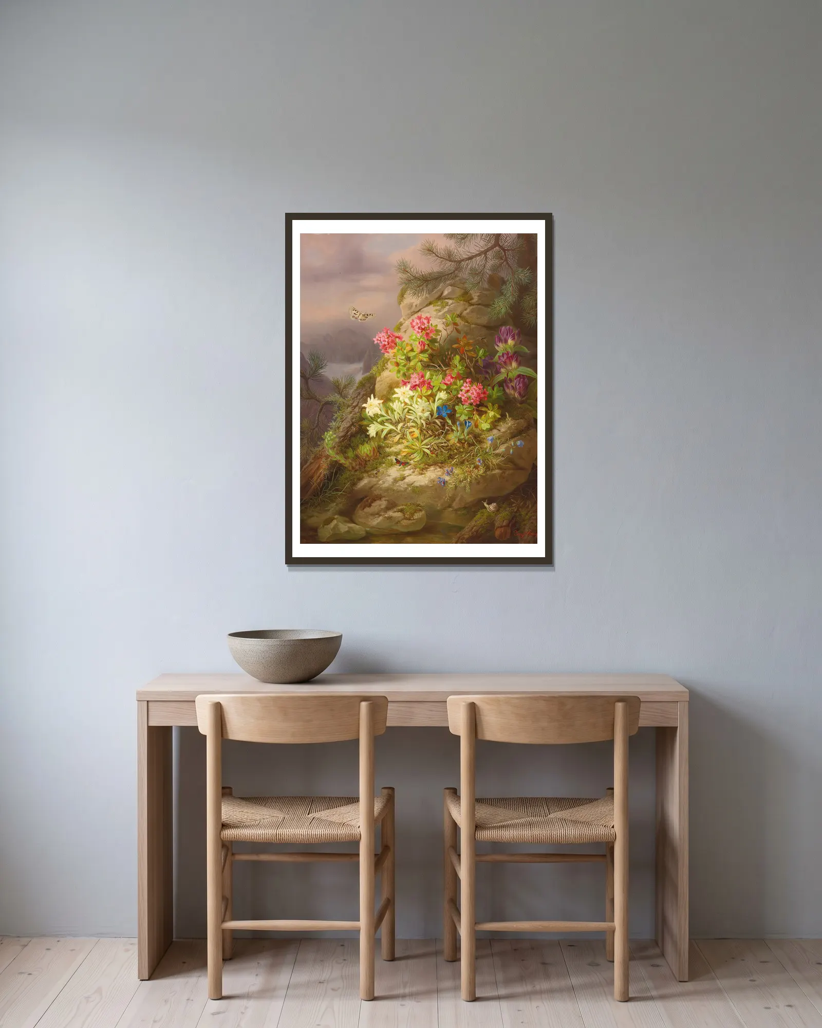Still life with snail av Josef Lauer inramad på en vägg