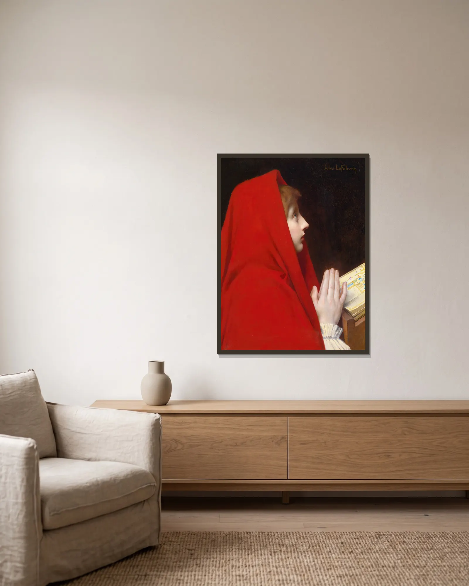 The Red Cloak av Jules Joseph Lefebvre inramad på en vägg