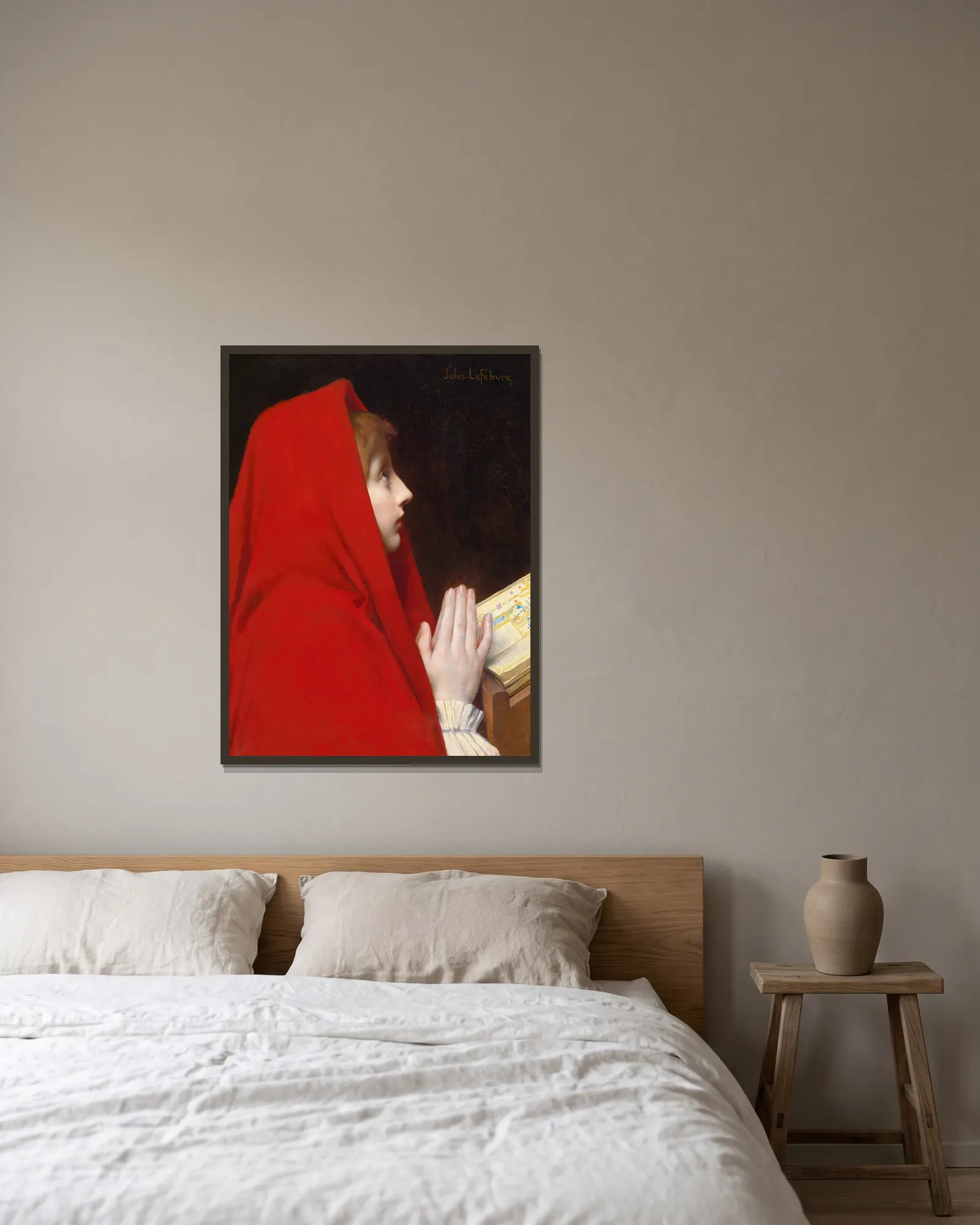 The Red Cloak av Jules Joseph Lefebvre inramad på en vägg