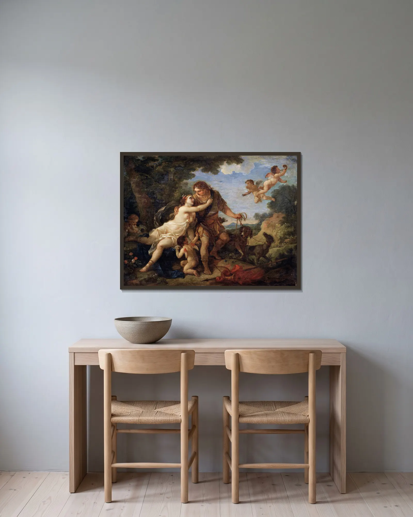 Venus And adonis av Charles-Joseph Natoire inramad på en vägg