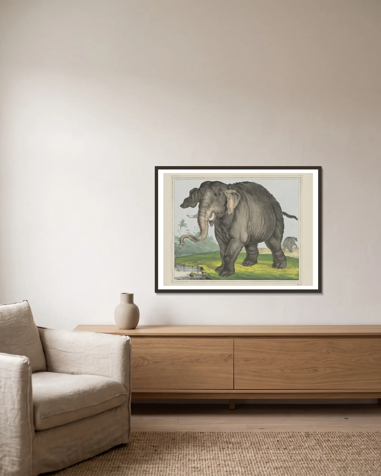 Elephant av Joseph Scholz inramad på en vägg