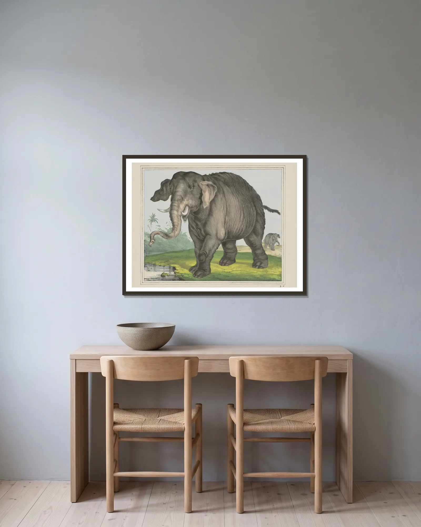 Elephant av Joseph Scholz inramad på en vägg