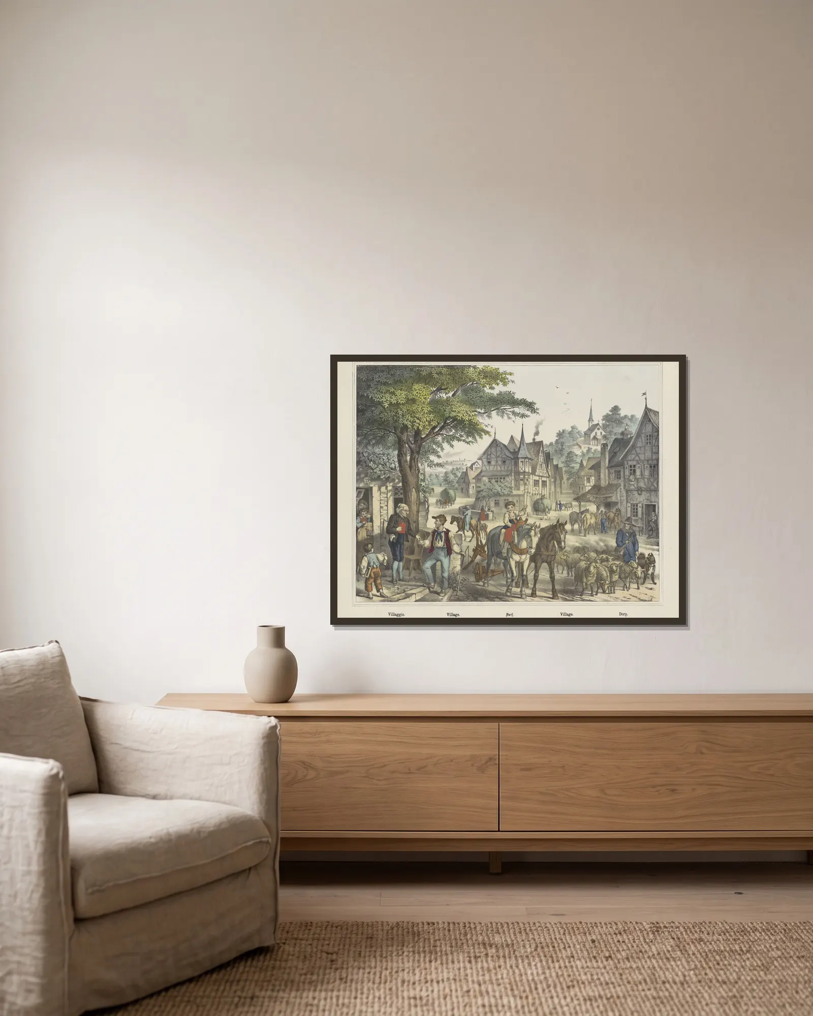 Village av Joseph Scholz inramad på en vägg
