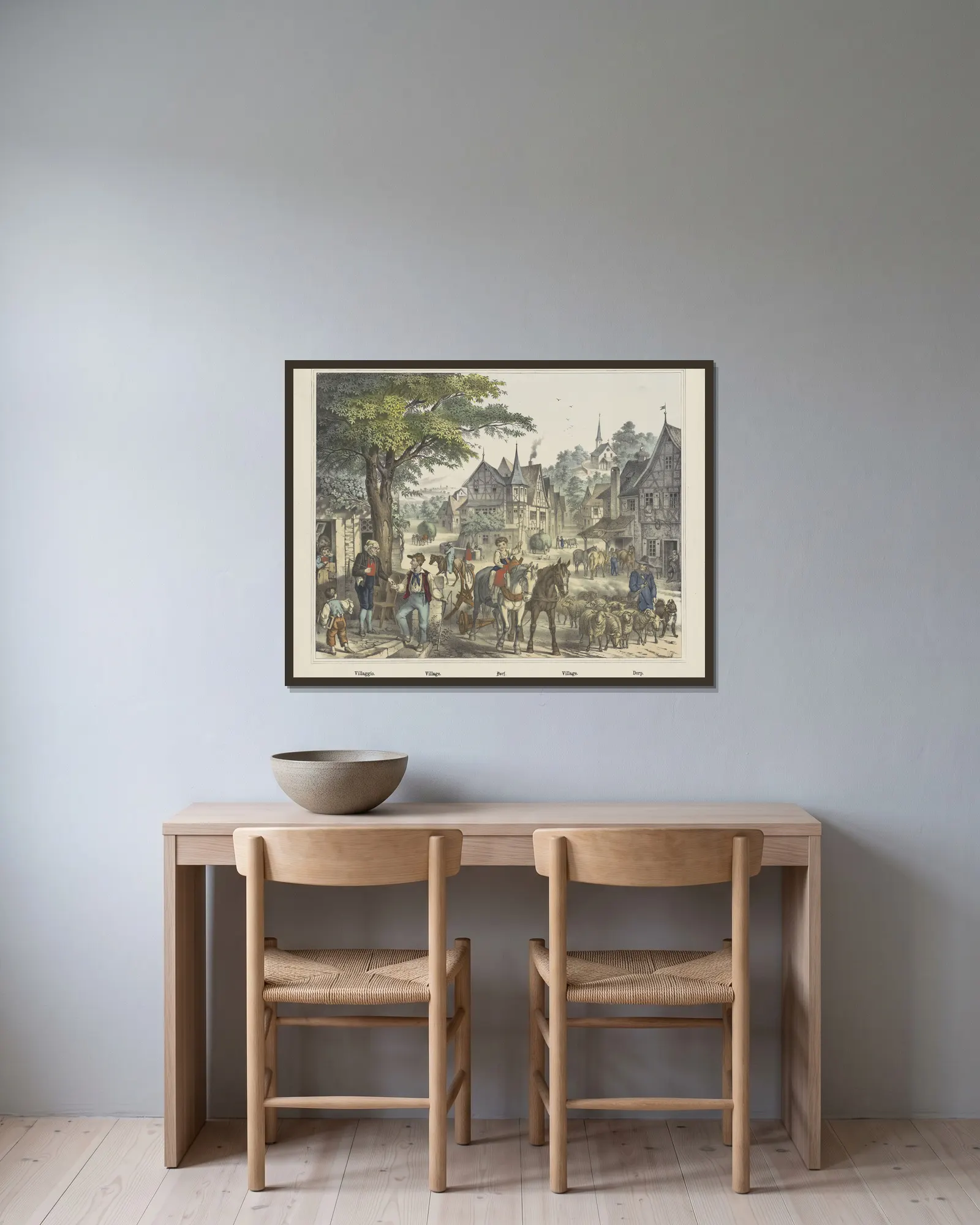 Village av Joseph Scholz inramad på en vägg