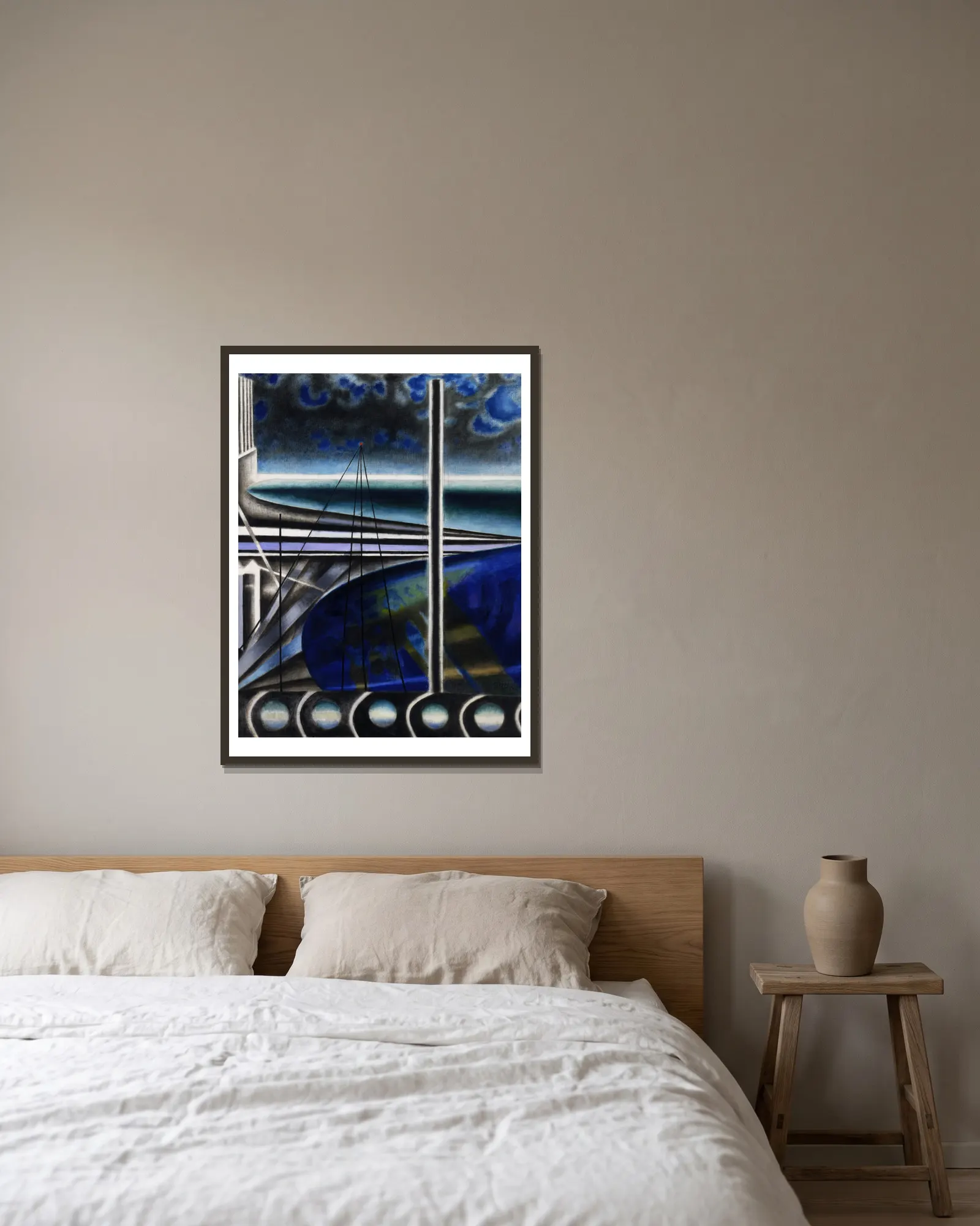Metropolitan Port av Joseph Stella inramad på en vägg