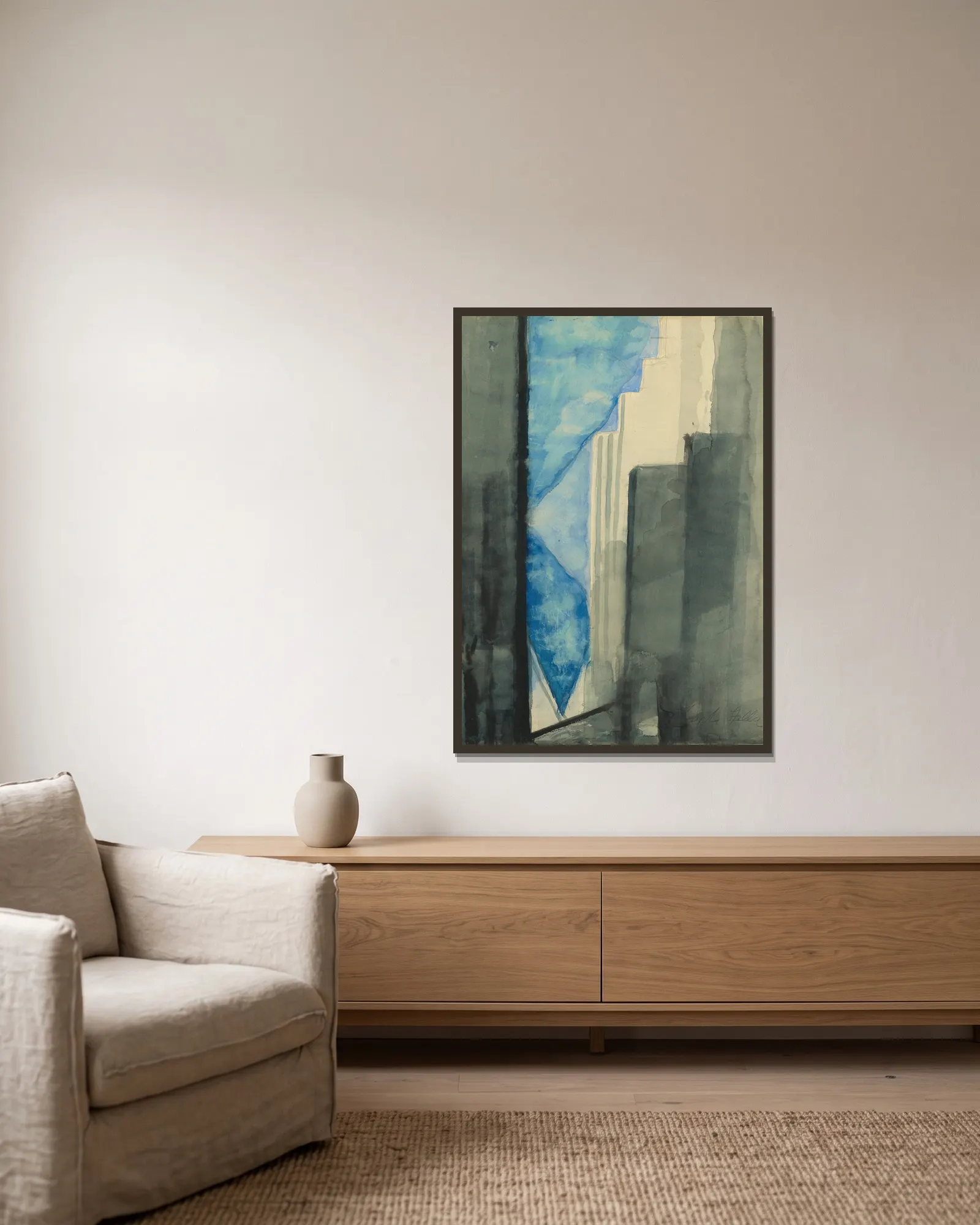 Skyscrapers av Joseph Stella inramad på en vägg