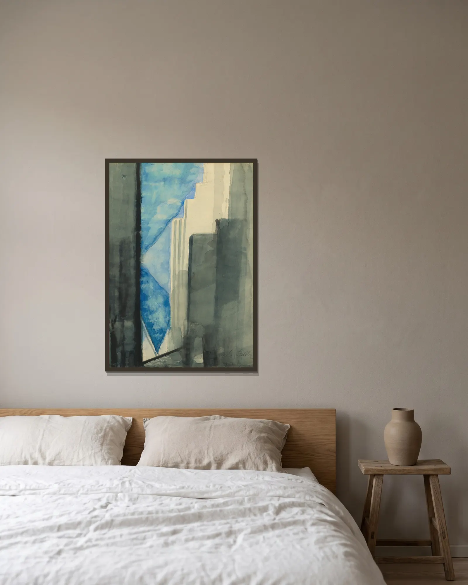 Skyscrapers av Joseph Stella inramad på en vägg