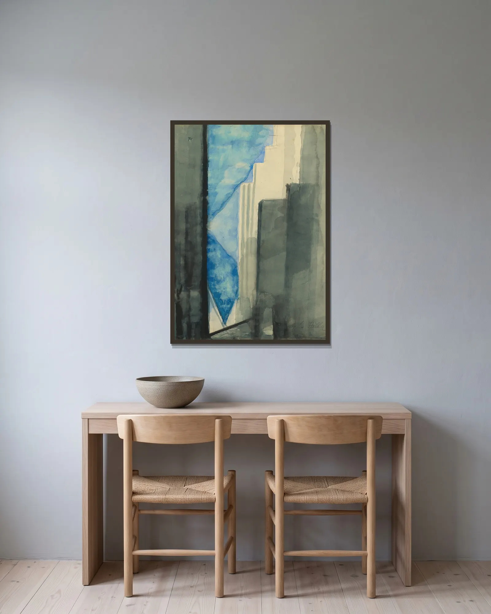 Skyscrapers av Joseph Stella inramad på en vägg