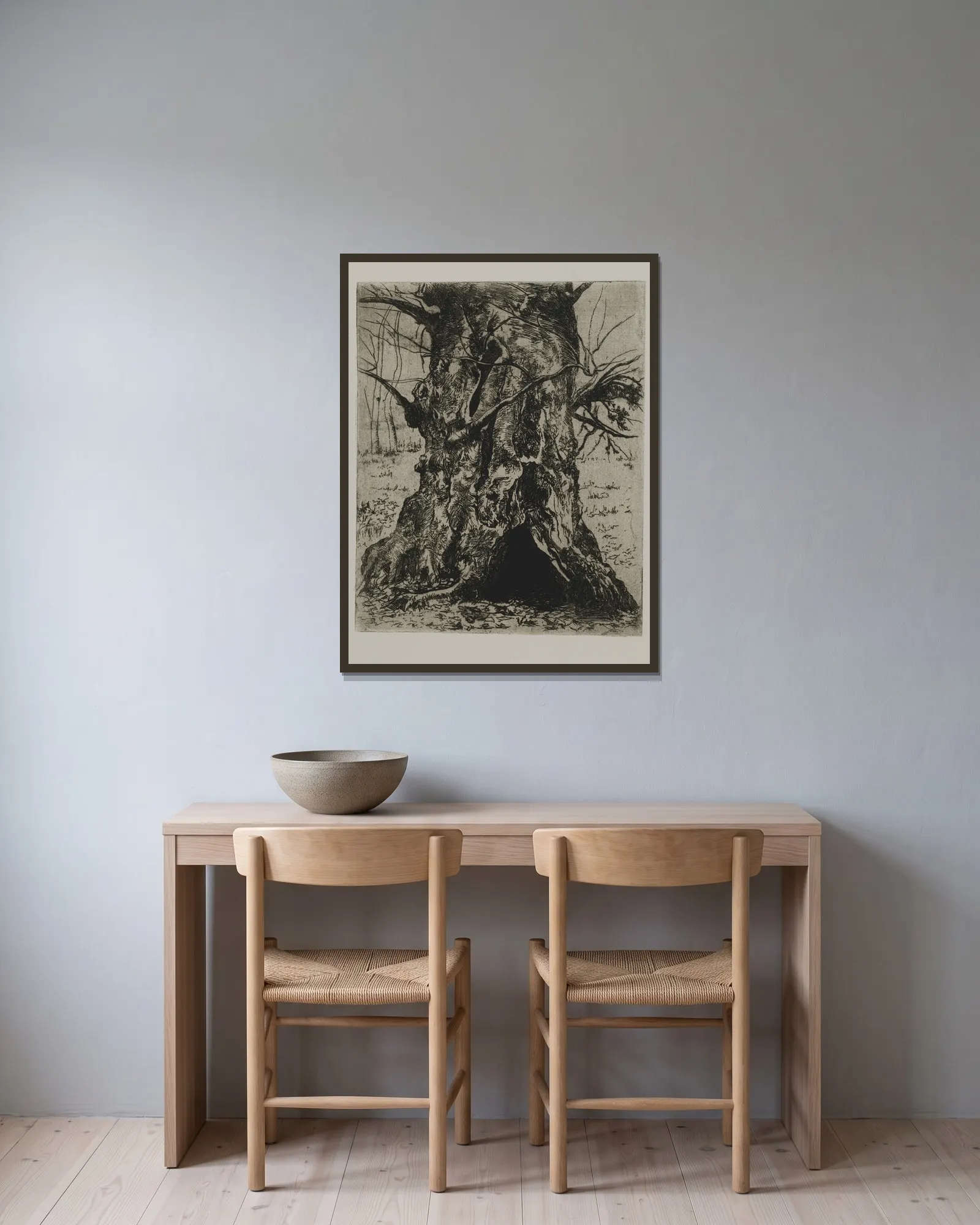 Tree Trunk av Joseph Stella inramad på en vägg