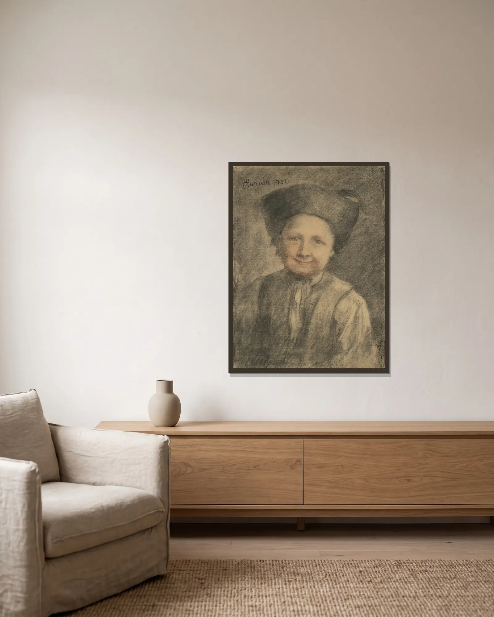 A farm boy’s study av Jozef Hanula inramad på en vägg
