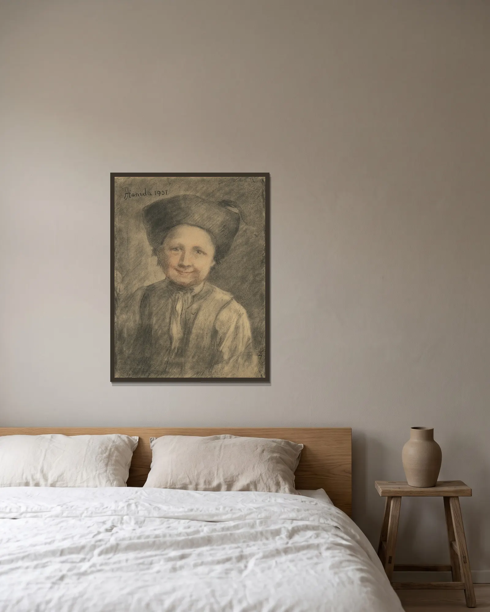 A farm boy’s study av Jozef Hanula inramad på en vägg