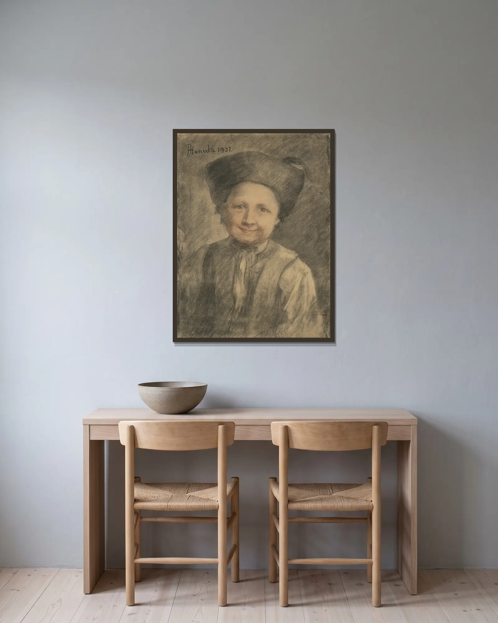 A farm boy’s study av Jozef Hanula inramad på en vägg