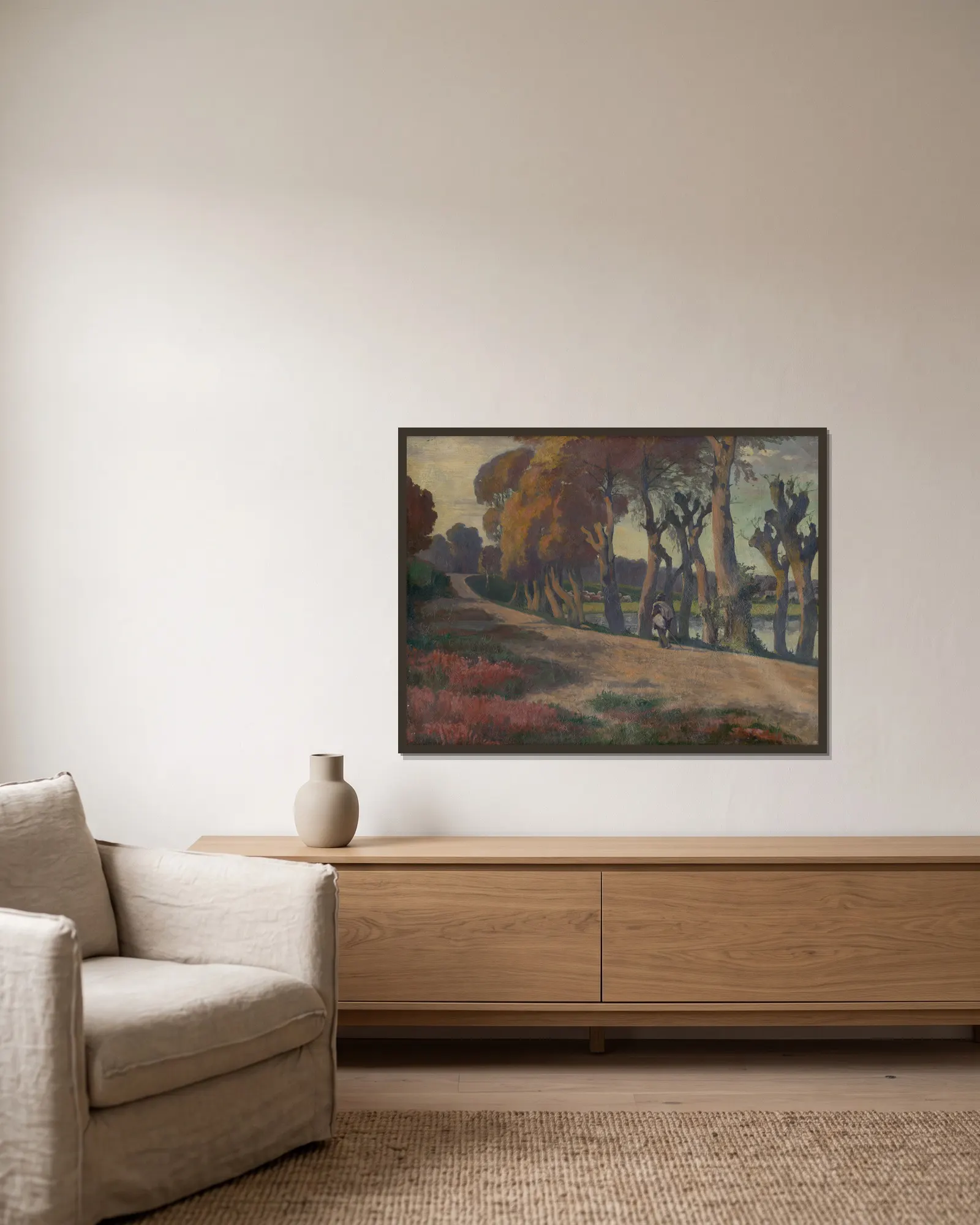 Landscape With A Herdsman av Jozef Hanula inramad på en vägg