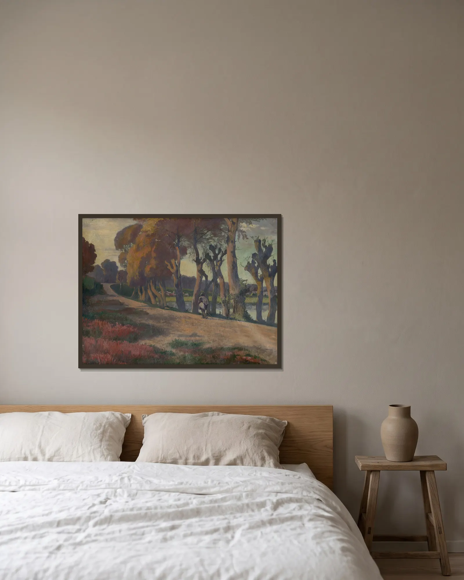 Landscape With A Herdsman av Jozef Hanula inramad på en vägg