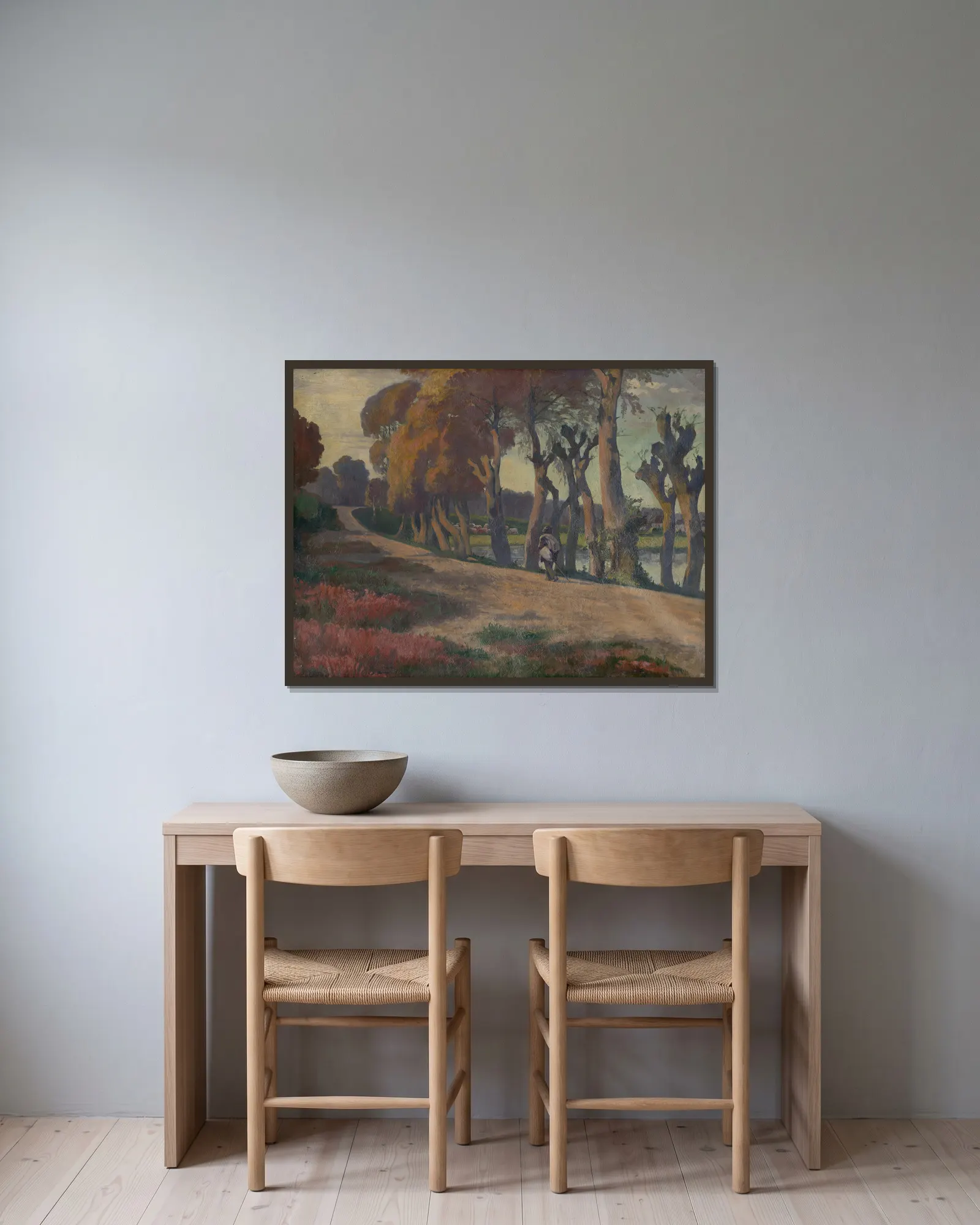 Landscape With A Herdsman av Jozef Hanula inramad på en vägg