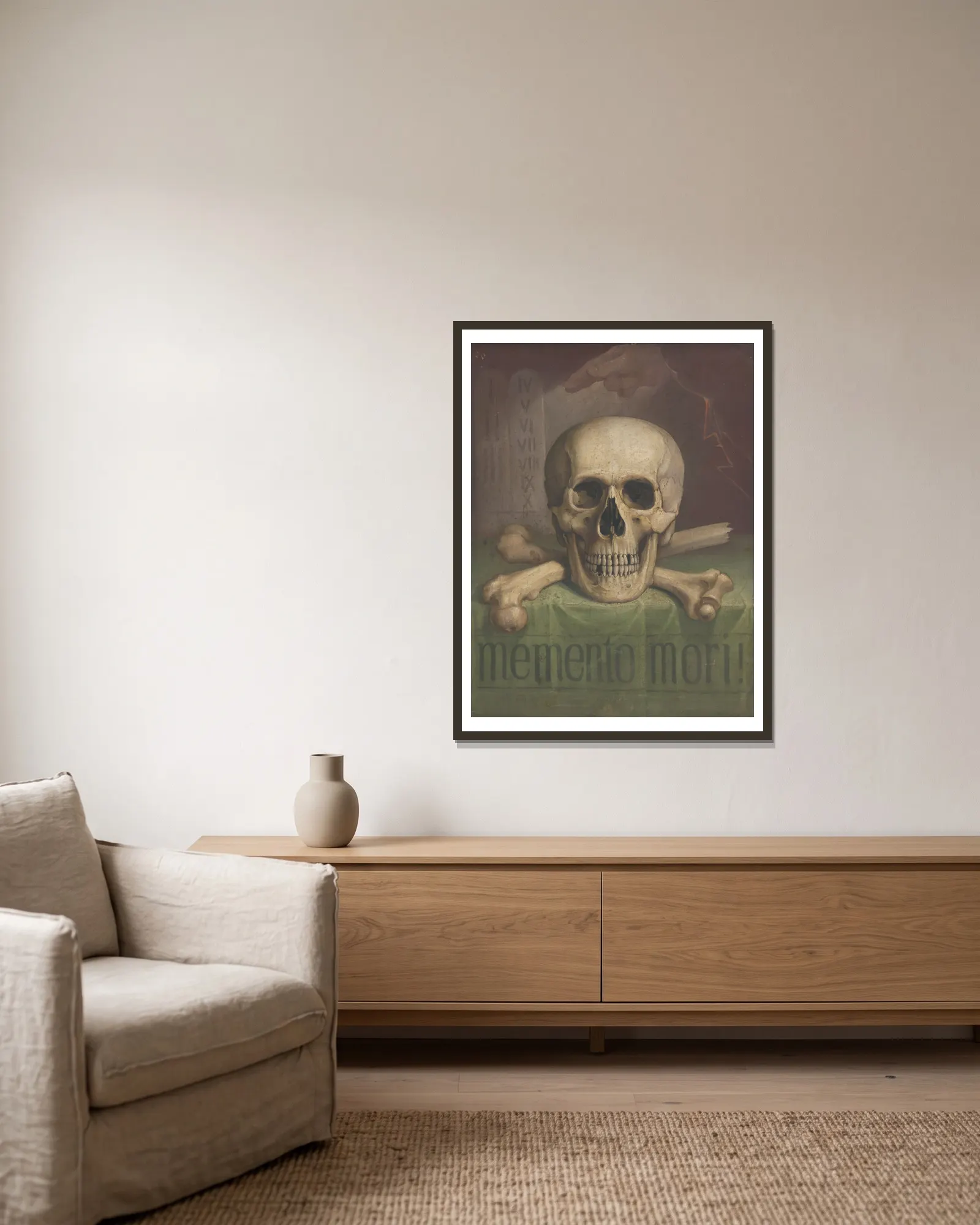 Memento mori av Jozef Hanula inramad på en vägg
