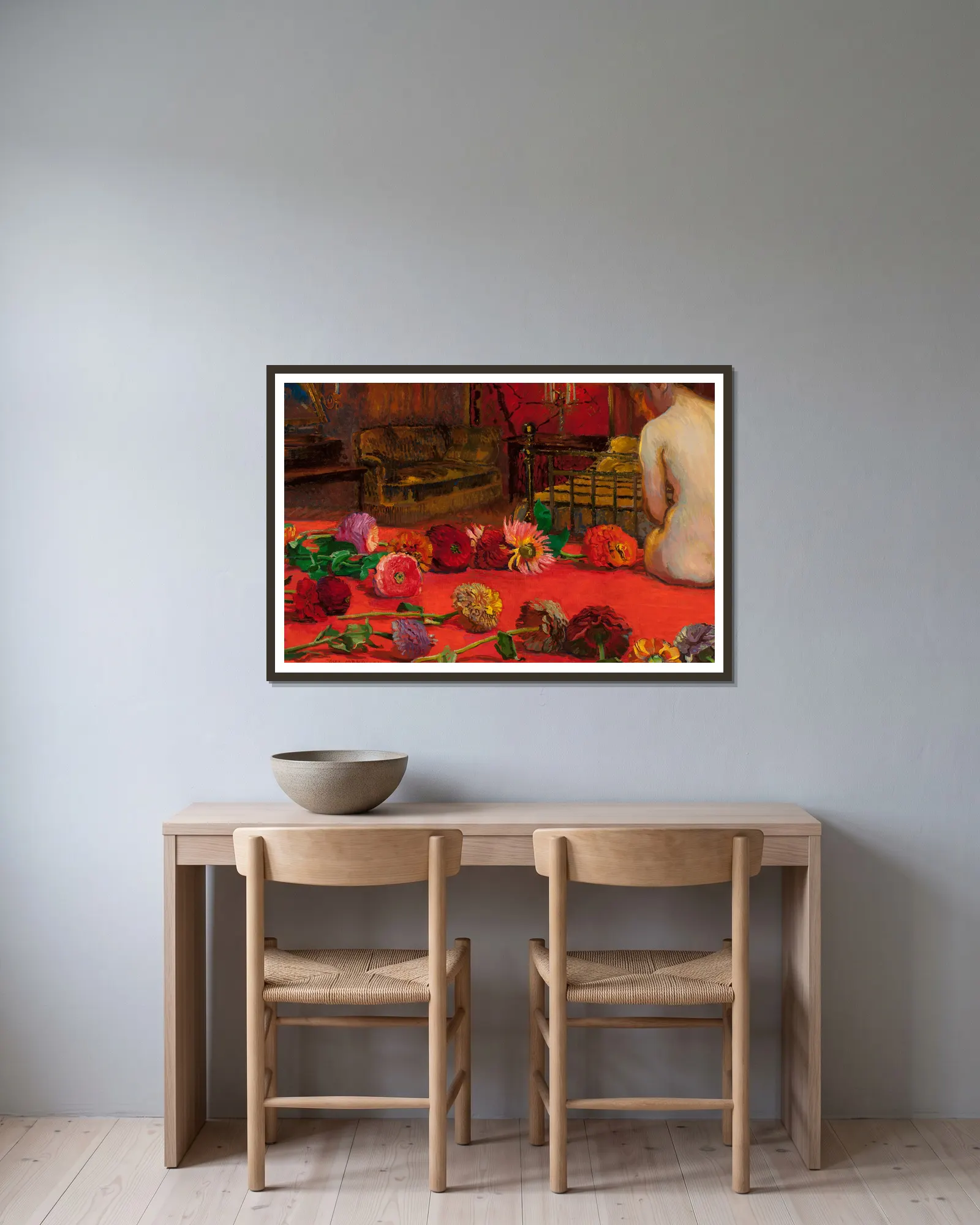 Zinnias av Józef Mehoffer inramad på en vägg