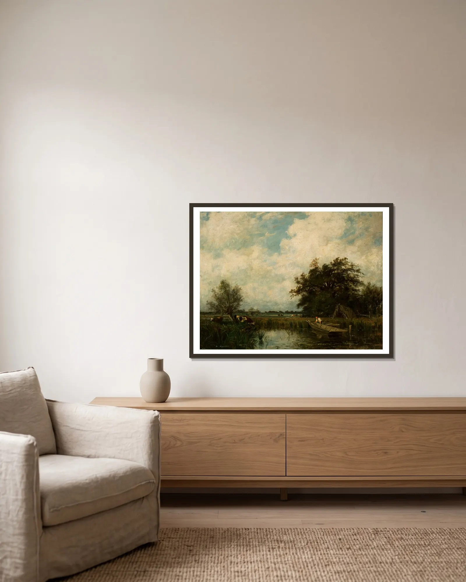Landscape with a pond av Jules Dupré inramad på en vägg