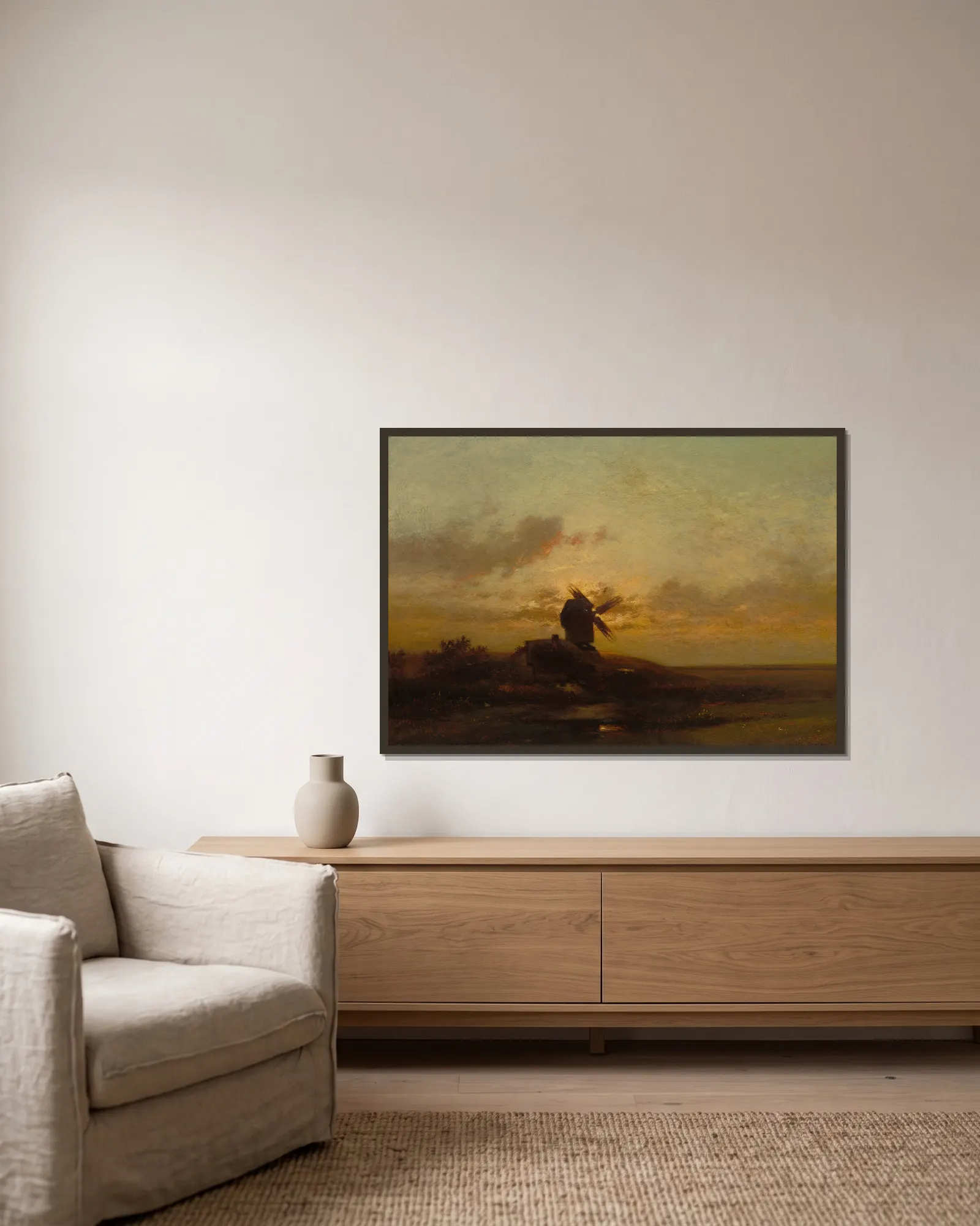 The Windmill av Jules Dupré inramad på en vägg