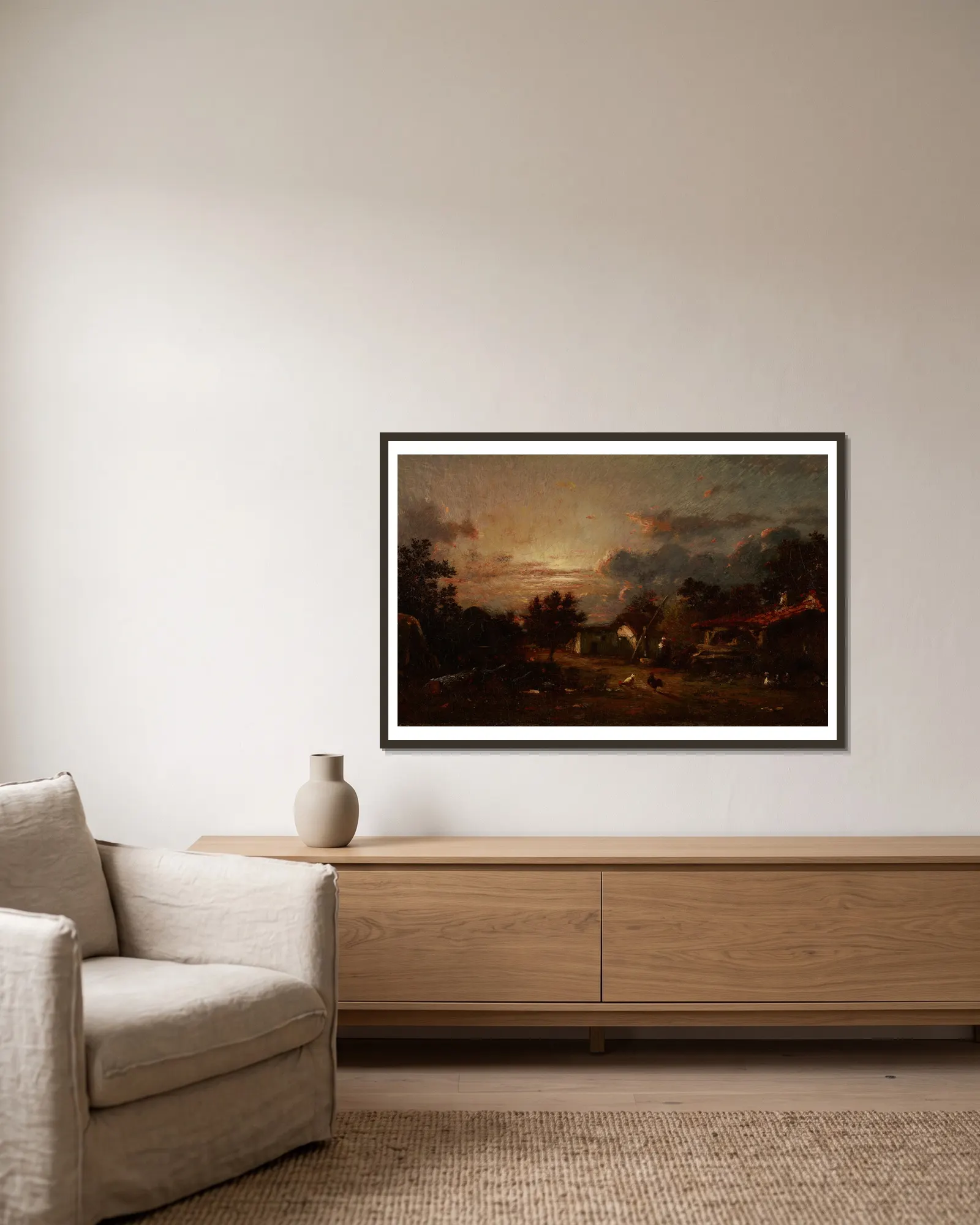 Village Scene, Sunset av Jules Dupré inramad på en vägg