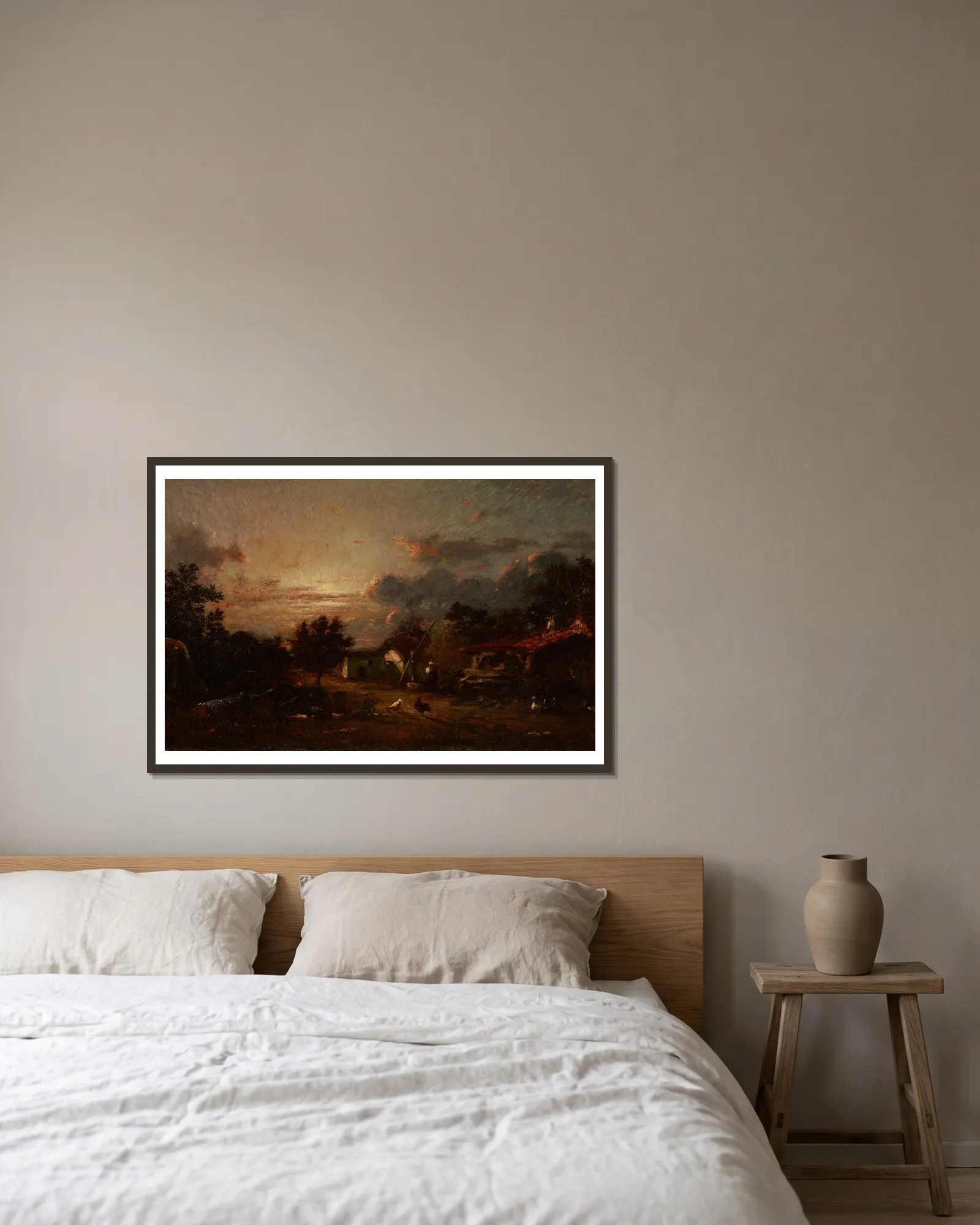 Village Scene, Sunset av Jules Dupré inramad på en vägg