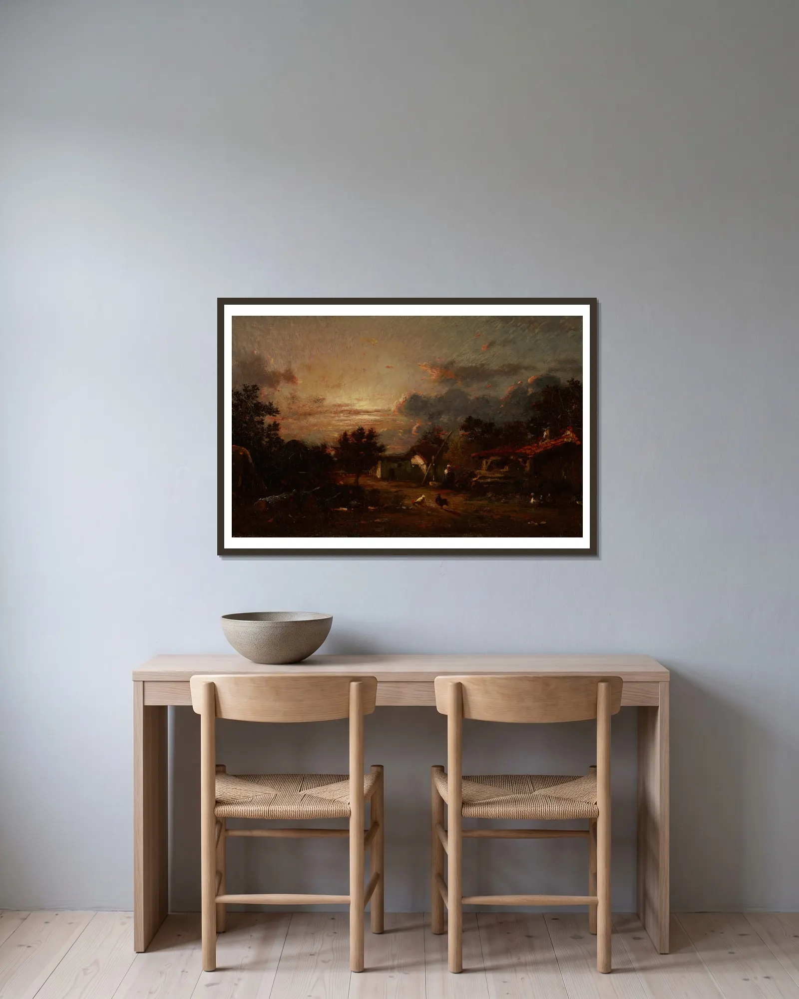 Village Scene, Sunset av Jules Dupré inramad på en vägg