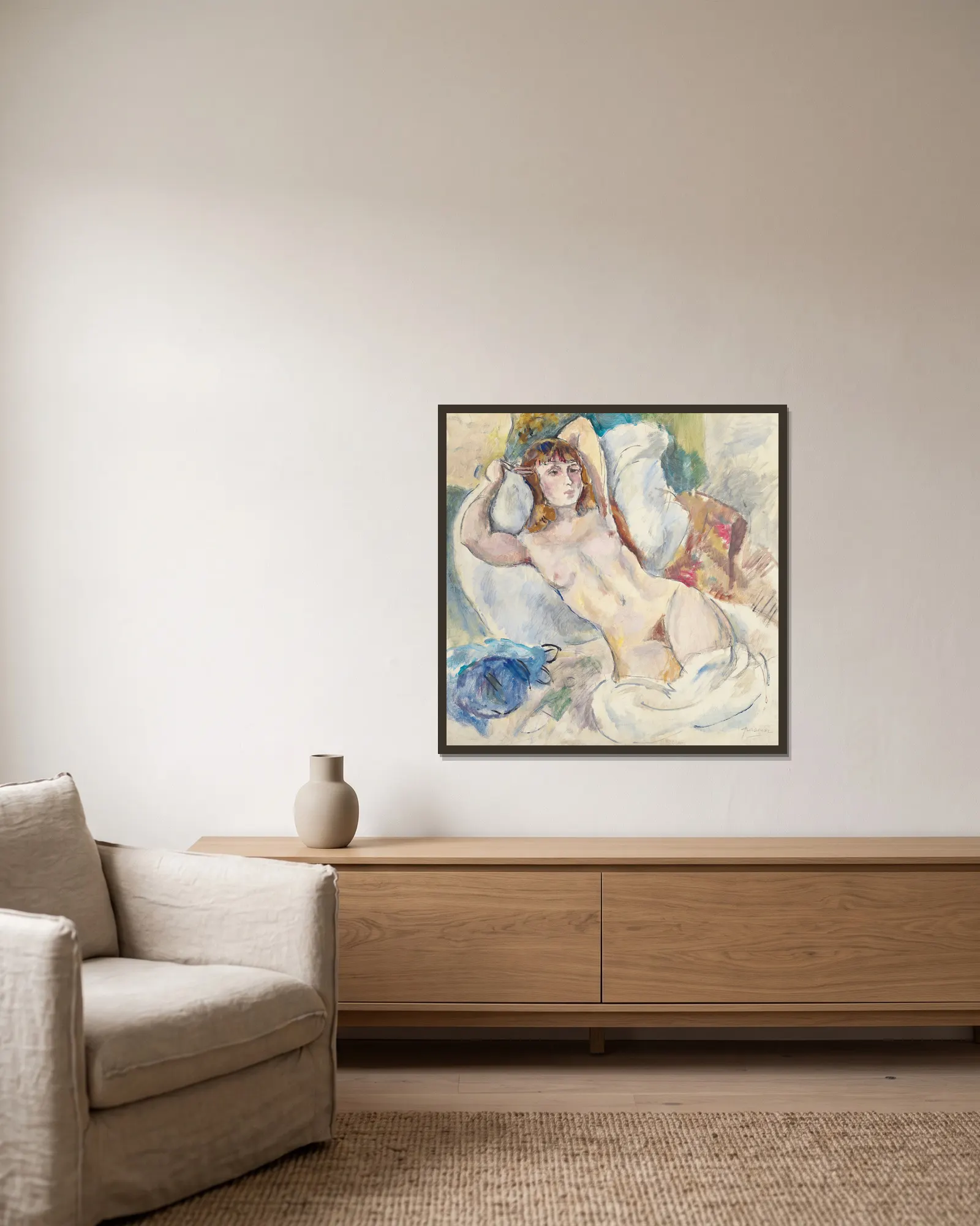 Nu sur un divan av Jules Pascin inramad på en vägg