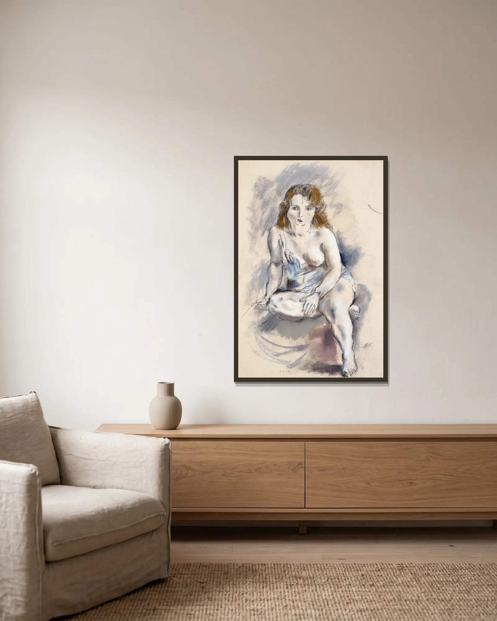 Nude av Jules Pascin inramad på en vägg