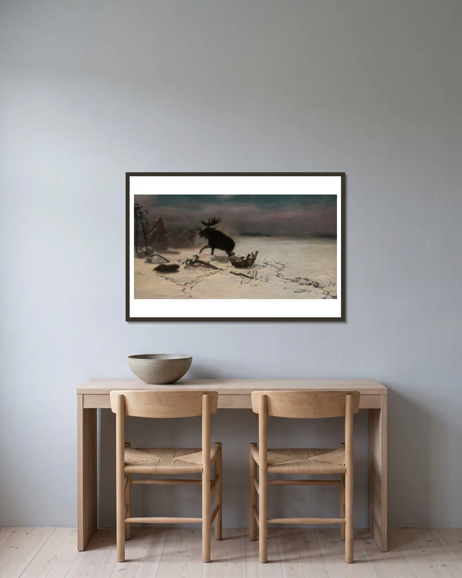 Elk fighting the wolves av Julian Falat inramad på en vägg