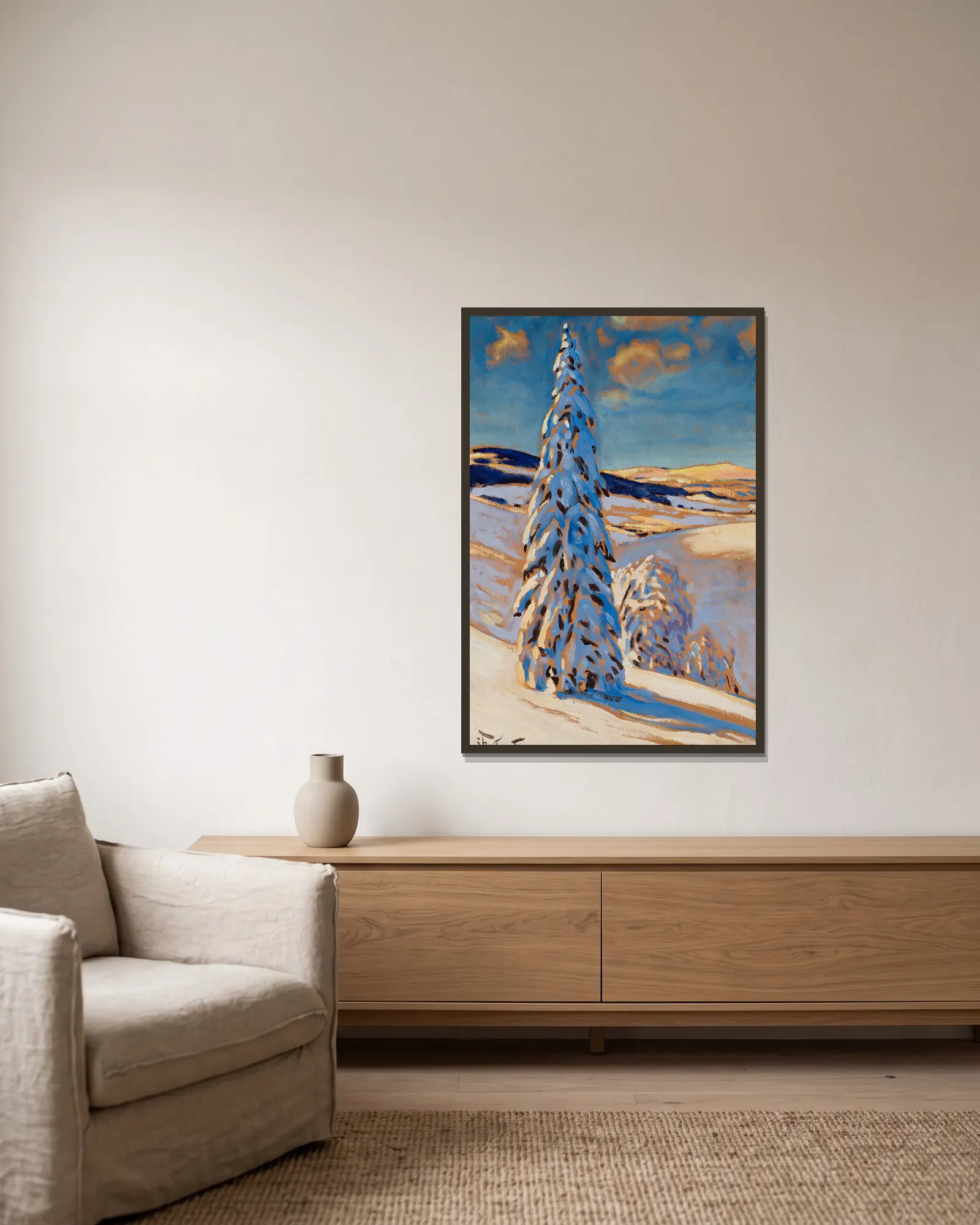 Winter landscape av Julian Falat inramad på en vägg