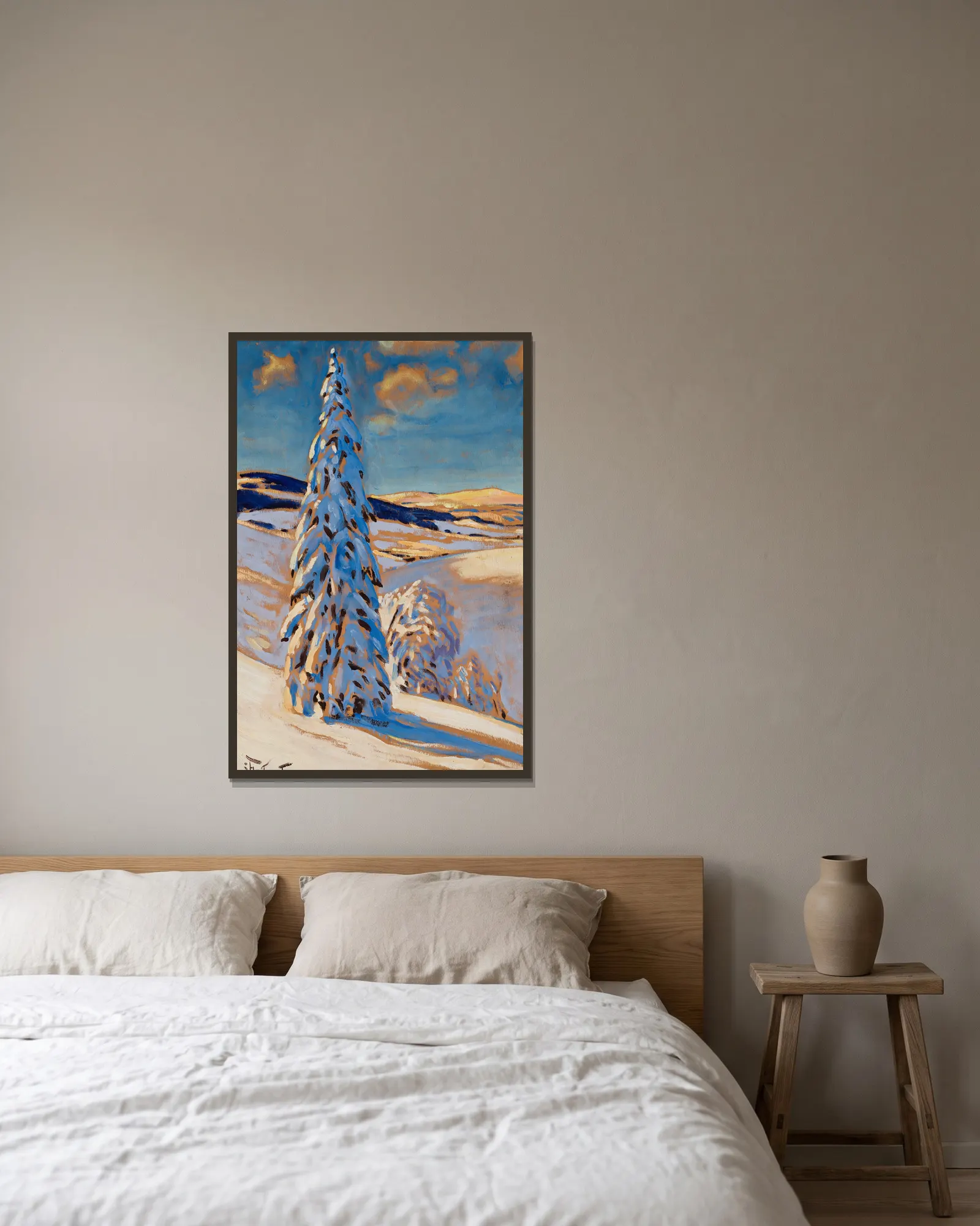 Winter landscape av Julian Falat inramad på en vägg